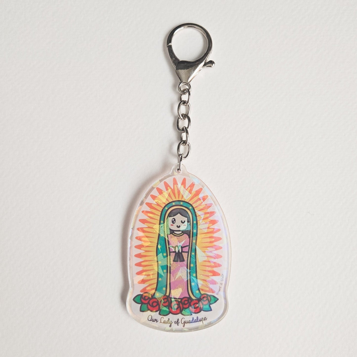 Our Lady of Guadalupe Acrylic Keychain | 2.75" Double - Sided Catholic Keychain | Child Art Inspired | Marian Gift with D Hook Clasp - Heart & Halo
