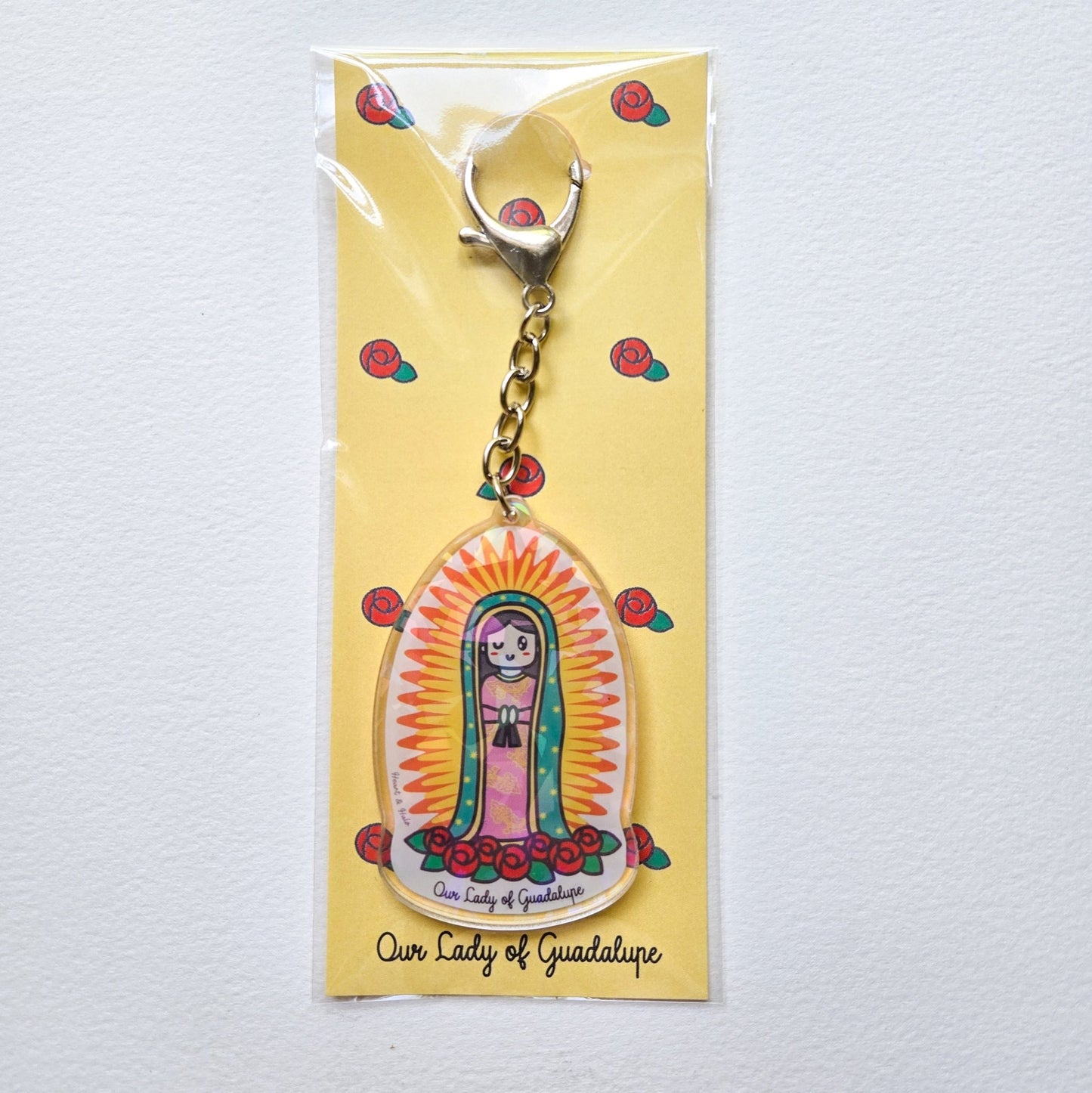 Our Lady of Guadalupe Acrylic Keychain | 2.75" Double - Sided Catholic Keychain | Child Art Inspired | Marian Gift with D Hook Clasp - Heart & Halo
