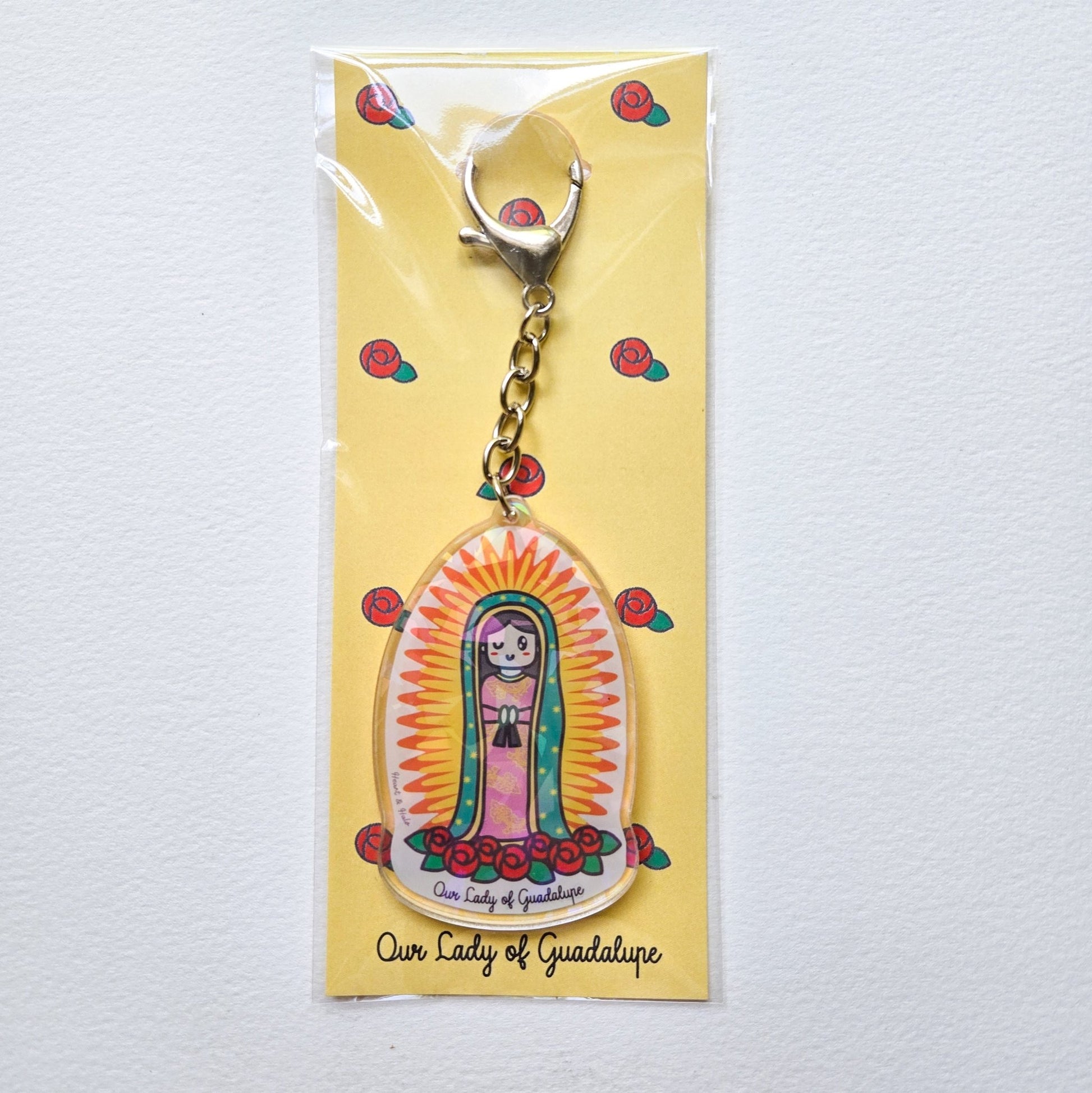 Our Lady of Guadalupe Acrylic Keychain | 2.75" Double - Sided Catholic Keychain | Child Art Inspired | Marian Gift with D Hook Clasp - Heart & Halo