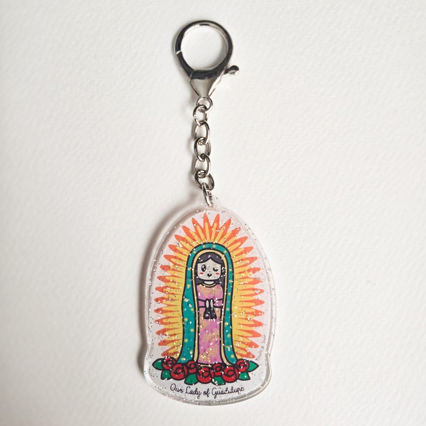 Our Lady of Guadalupe Acrylic Keychain | 2.75" Double - Sided Catholic Keychain | Child Art Inspired | Marian Gift with D Hook Clasp - Heart & Halo