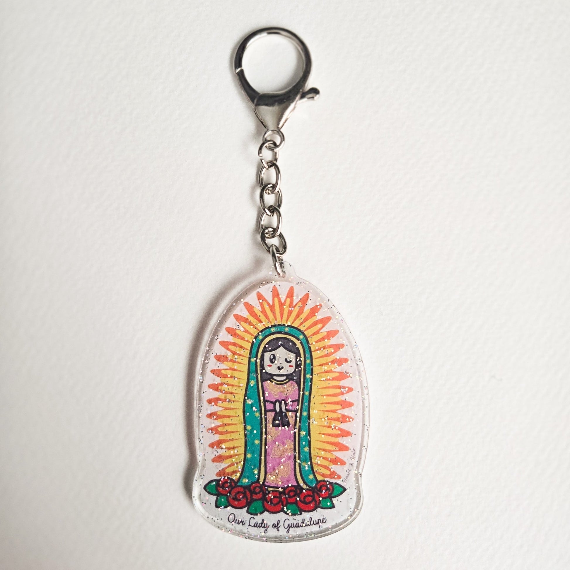 Our Lady of Guadalupe Acrylic Keychain | 2.75" Double - Sided Catholic Keychain | Child Art Inspired | Marian Gift with D Hook Clasp - Heart & Halo