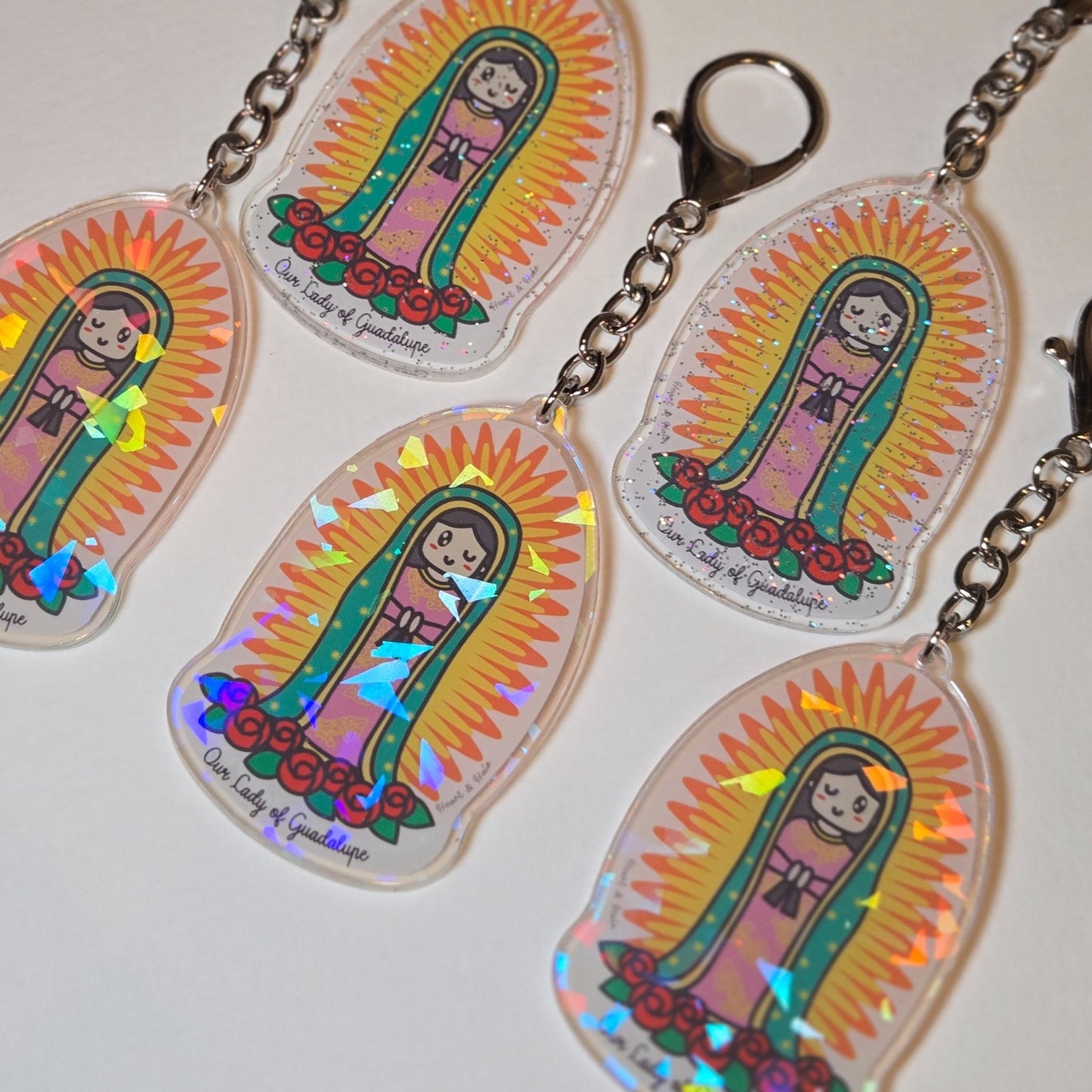 Our Lady of Guadalupe Acrylic Keychain | 2.75" Double - Sided Catholic Keychain | Child Art Inspired | Marian Gift with D Hook Clasp - Heart & Halo