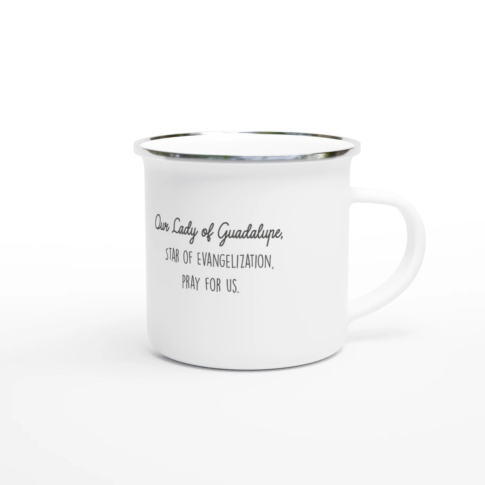 Our Lady of Guadalupe Enamel Mug – Lightweight 12oz Camping Mug with Artist Design - Heart & Halo