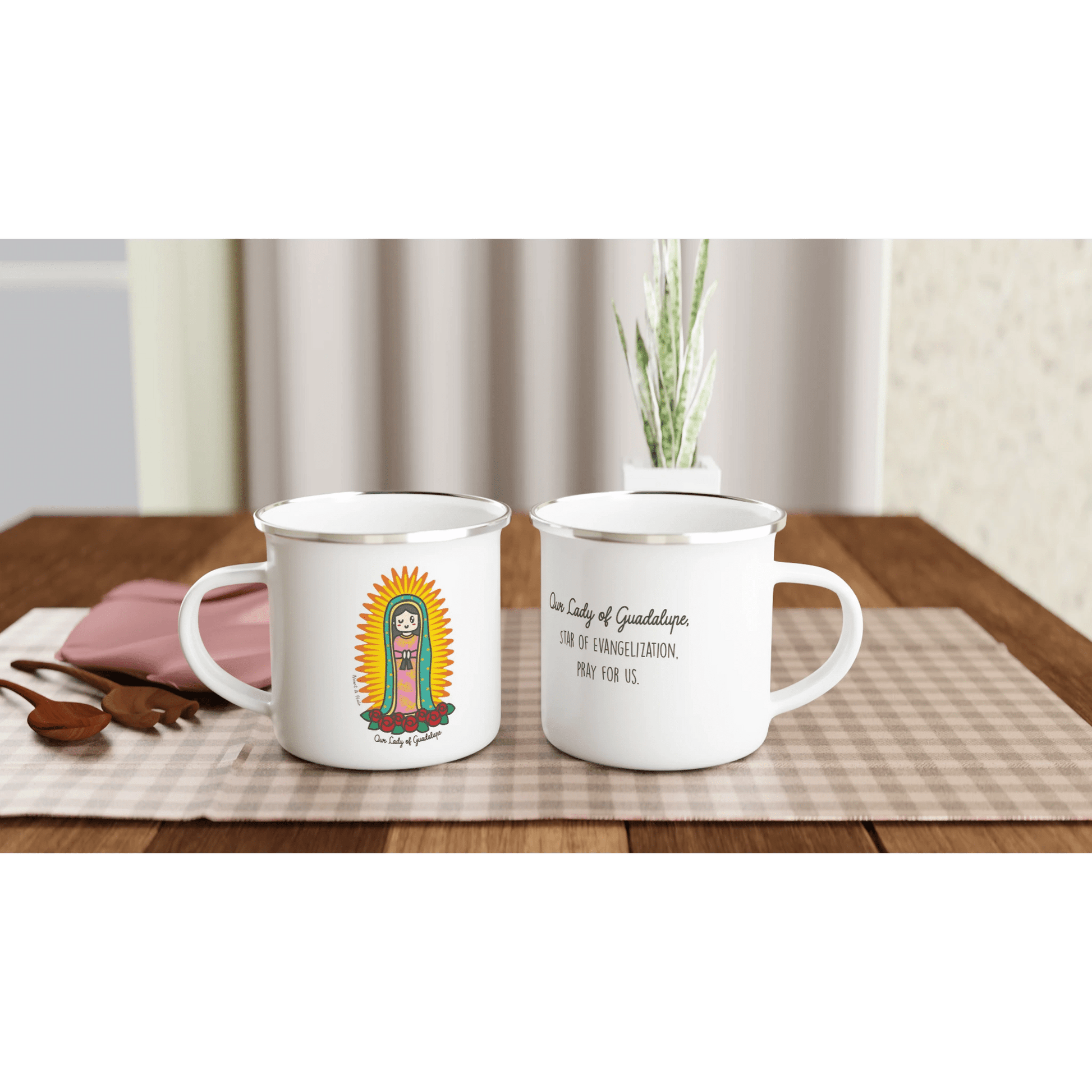 Our Lady of Guadalupe Enamel Mug – Lightweight 12oz Camping Mug with Artist Design - Heart & Halo