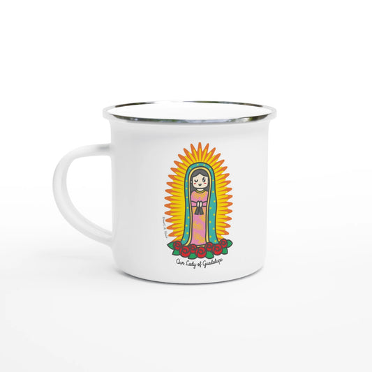 Our Lady of Guadalupe Enamel Mug – Lightweight 12oz Camping Mug with Artist Design - Heart & Halo