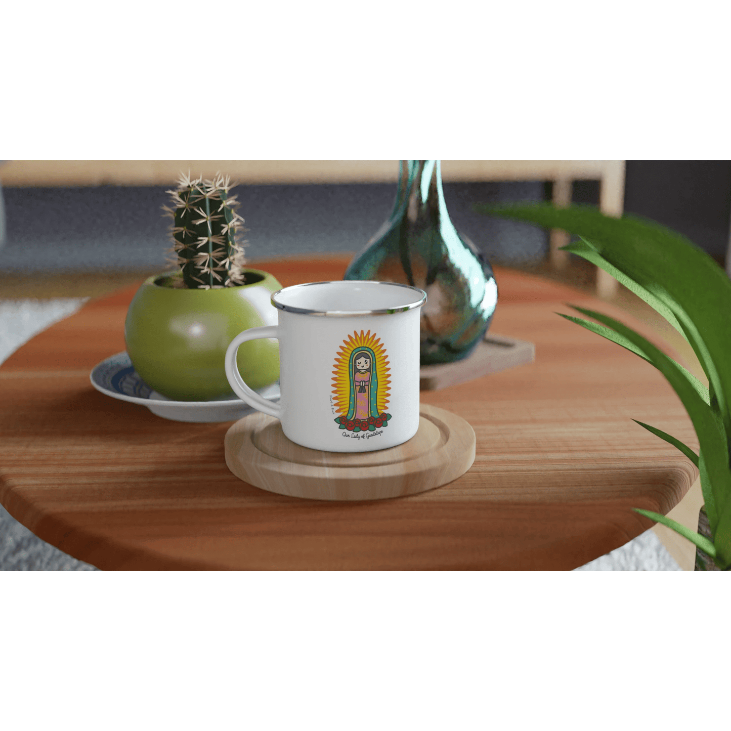 Our Lady of Guadalupe Enamel Mug – Lightweight 12oz Camping Mug with Artist Design - Heart & Halo
