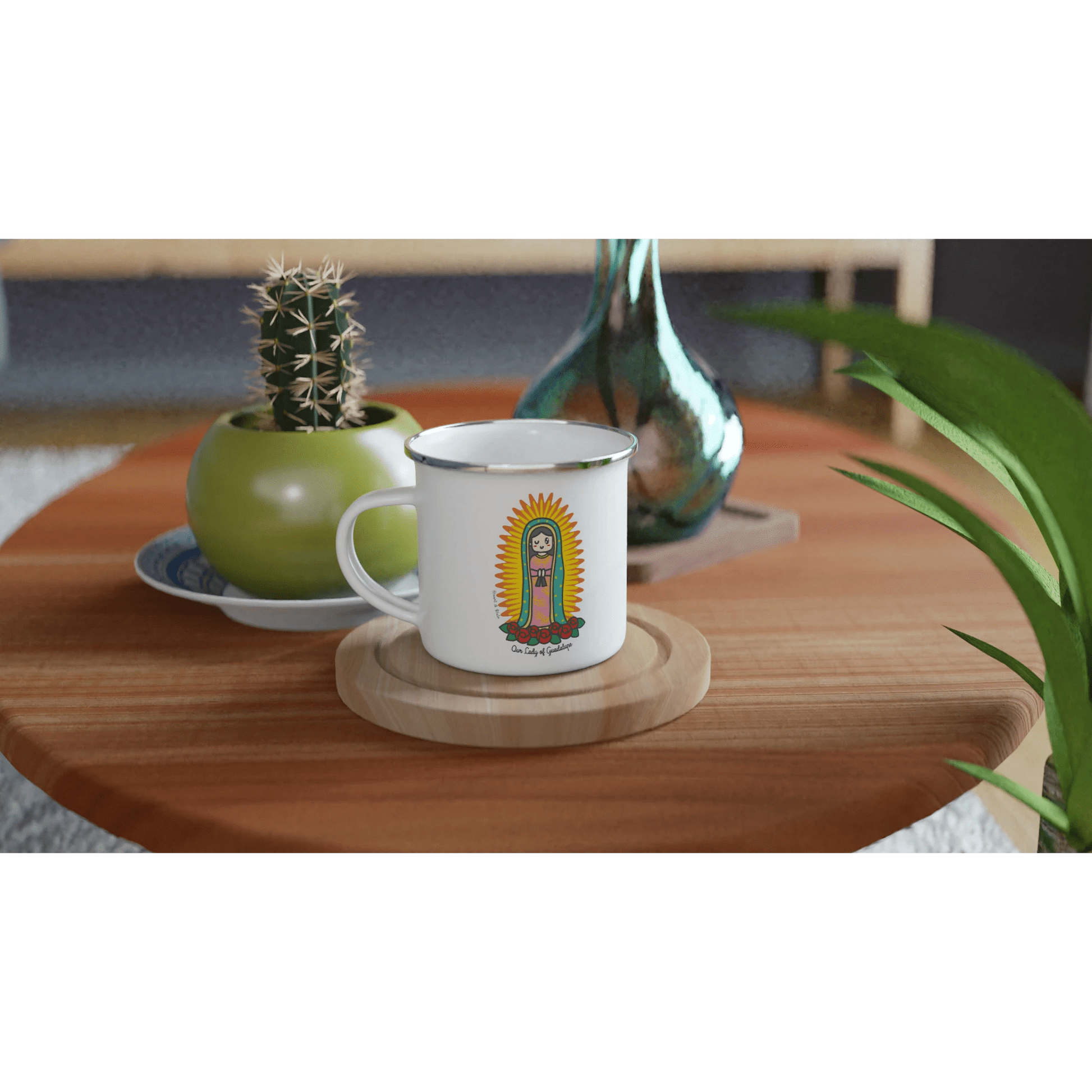 Our Lady of Guadalupe Enamel Mug – Lightweight 12oz Camping Mug with Artist Design - Heart & Halo