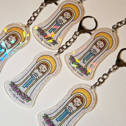 Our Lady of Lourdes Acrylic Keychain | 2.75" Double - Sided Catholic Keychain - Heart & Halo