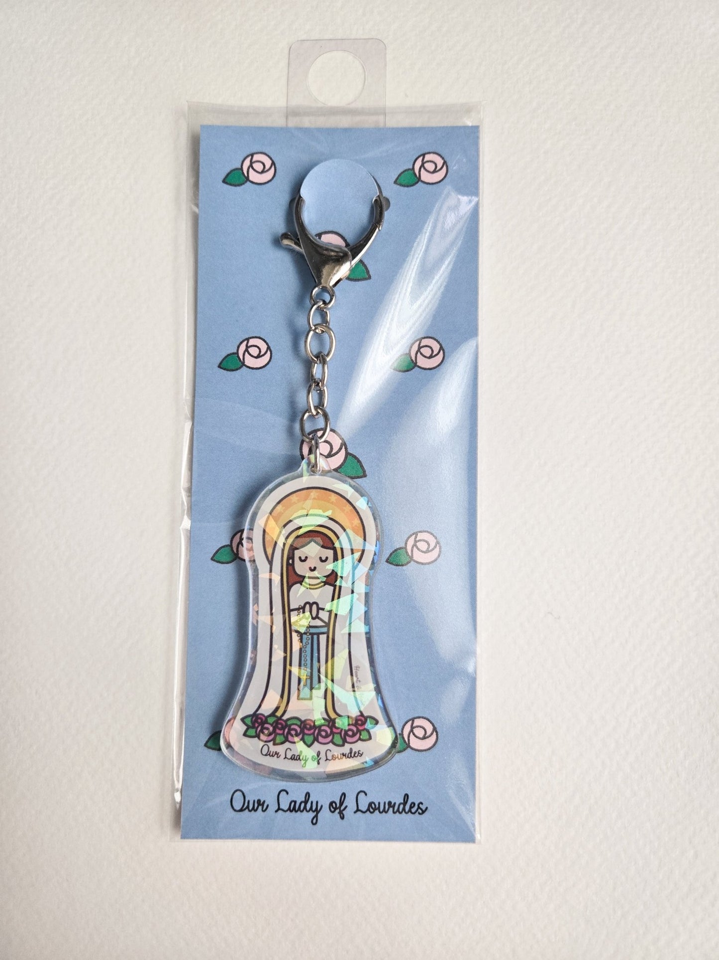 Our Lady of Lourdes Acrylic Keychain | 2.75" Double - Sided Catholic Keychain - Heart & Halo