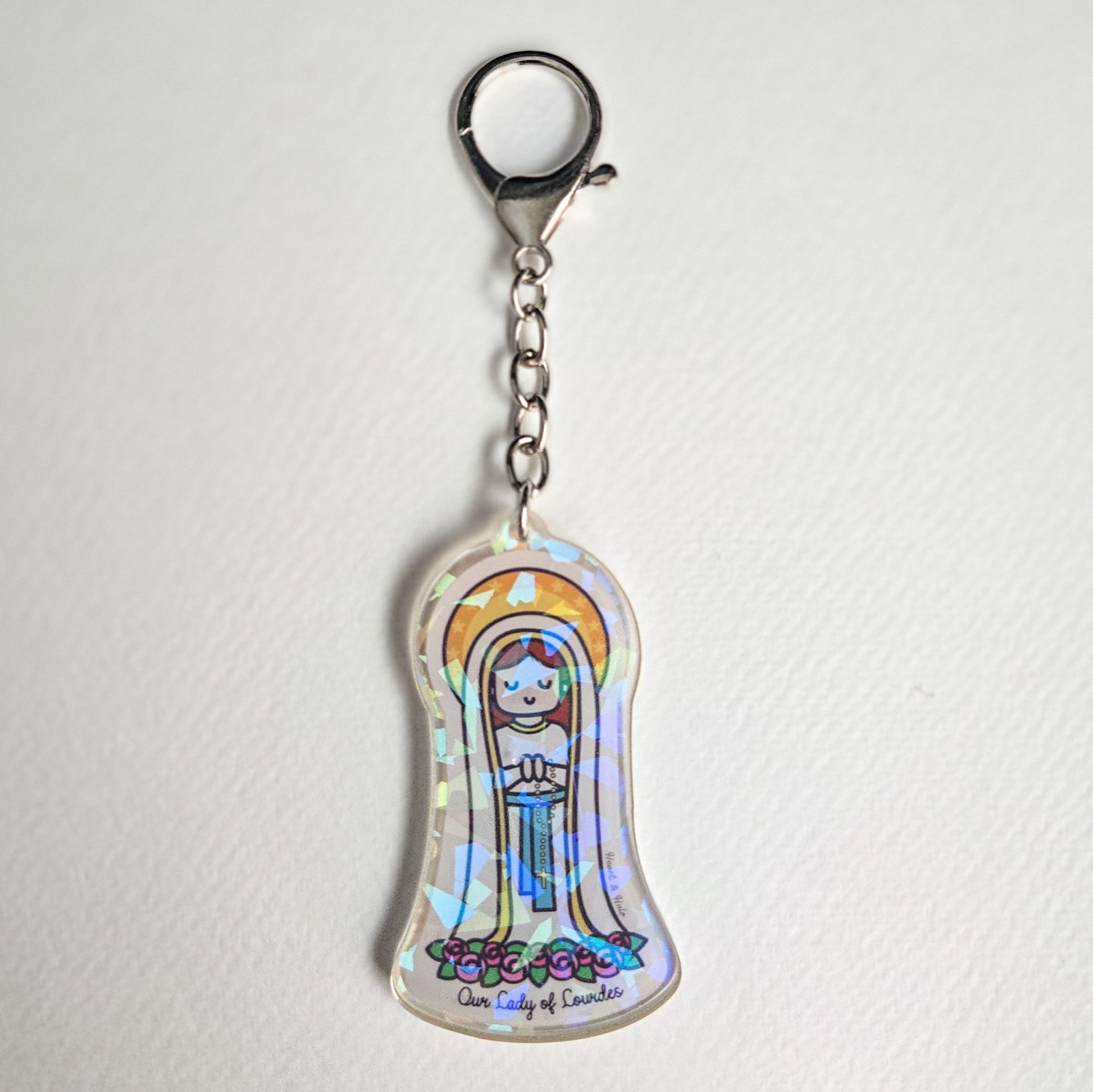 Our Lady of Lourdes Acrylic Keychain | 2.75" Double - Sided Catholic Keychain - Heart & Halo