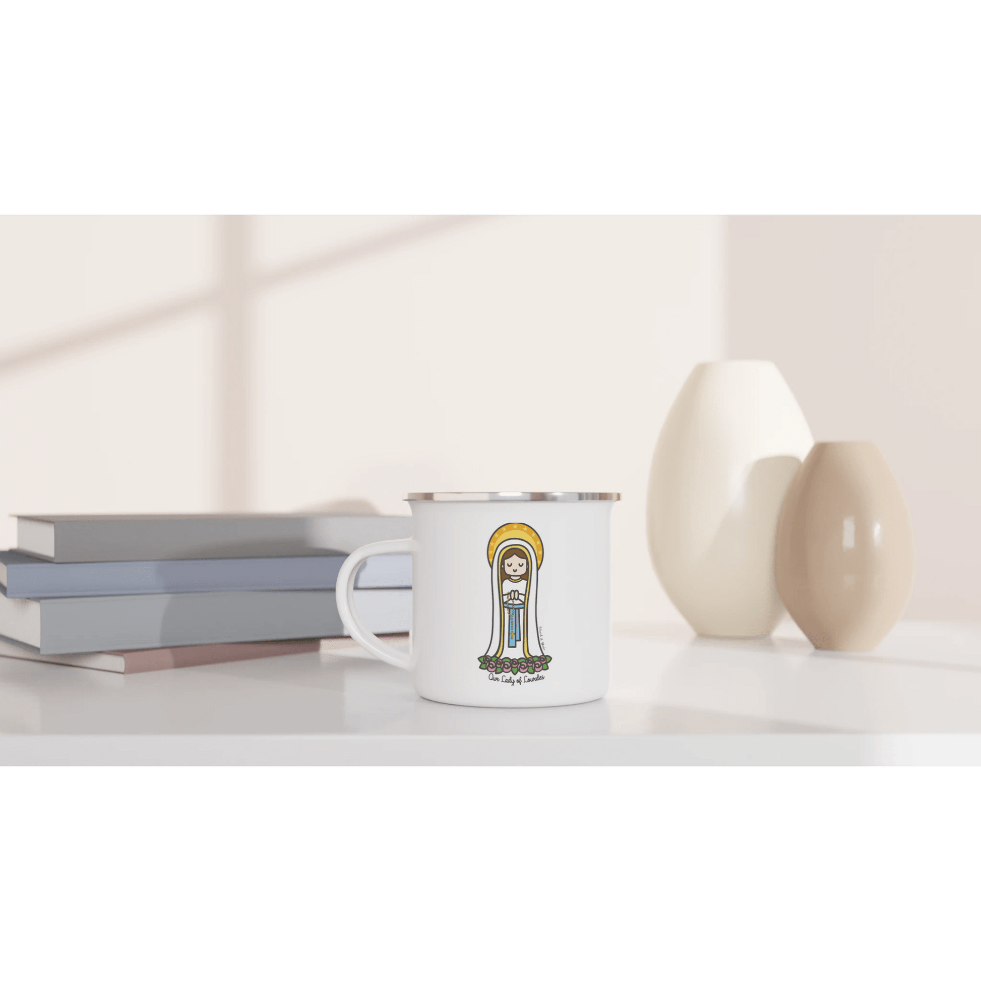 Our Lady of Lourdes Enamel Mug – Unique Art Inspired by a Little Artist | 12oz Lightweight Camp Mug - Heart & Halo