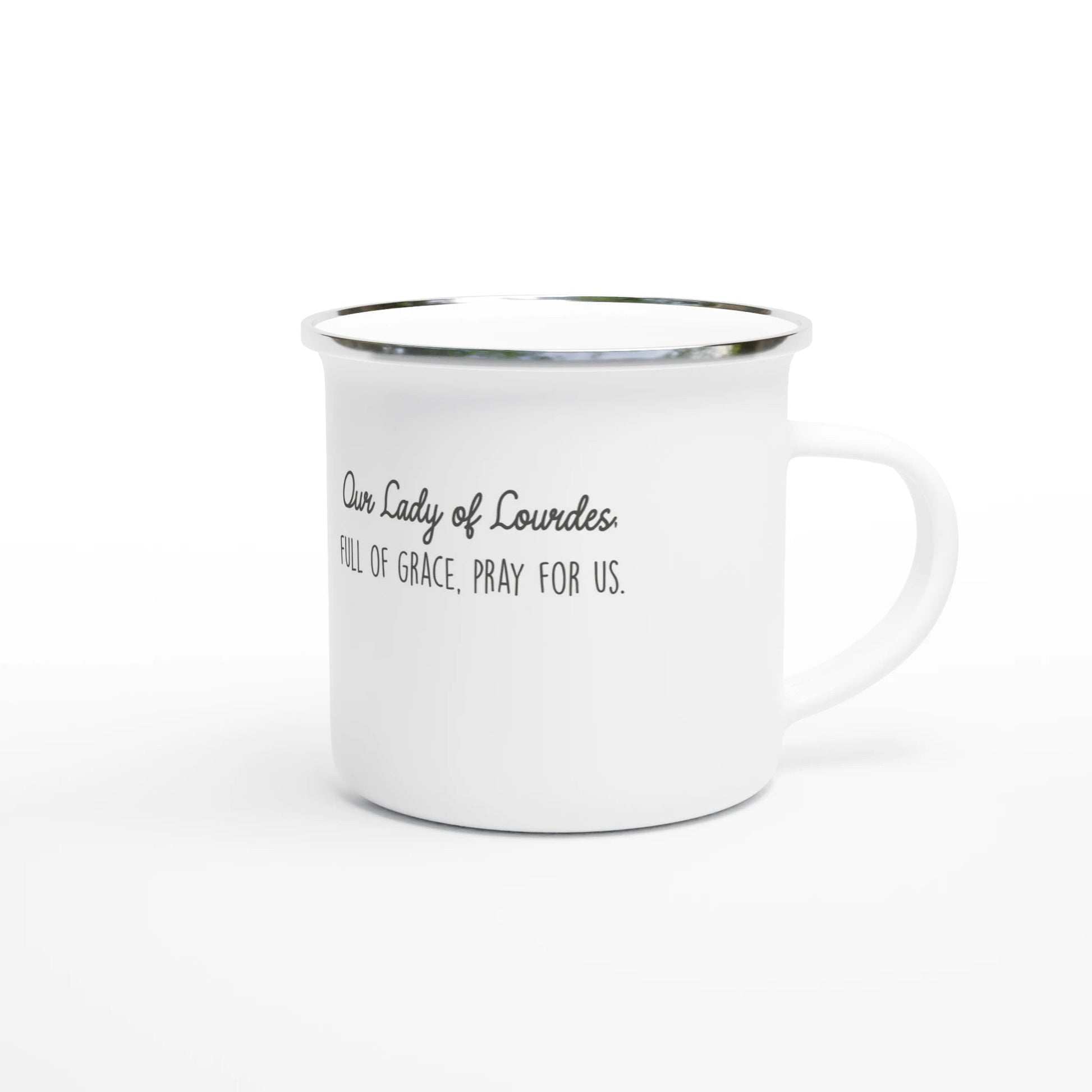 Our Lady of Lourdes Enamel Mug – Unique Art Inspired by a Little Artist | 12oz Lightweight Camp Mug - Heart & Halo