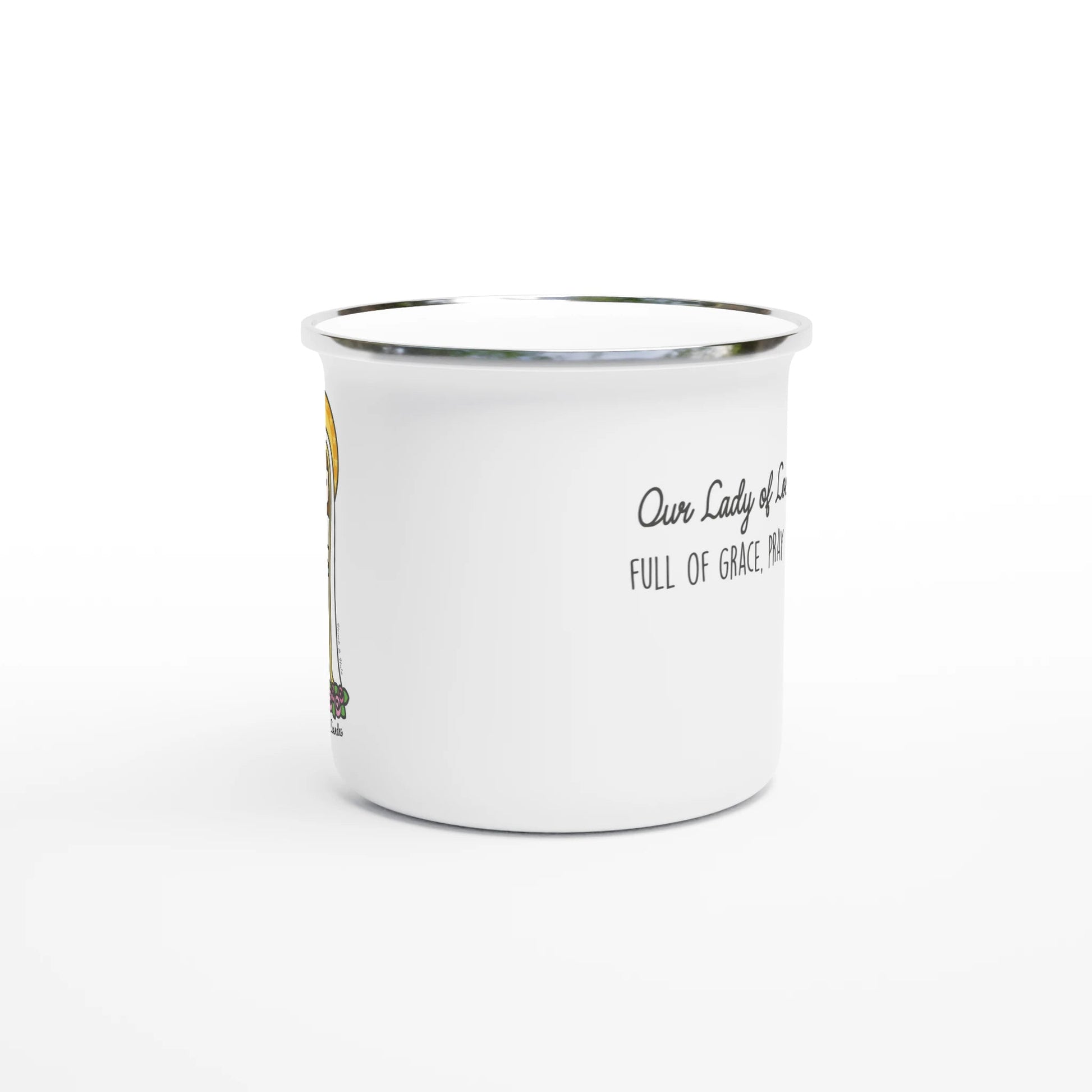 Our Lady of Lourdes Enamel Mug – Unique Art Inspired by a Little Artist | 12oz Lightweight Camp Mug - Heart & Halo