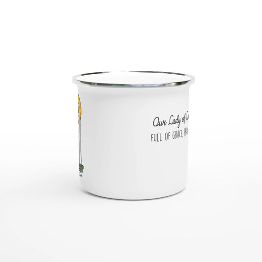 Our Lady of Lourdes Enamel Mug – Unique Art Inspired by a Little Artist | 12oz Lightweight Camp Mug - Heart & Halo
