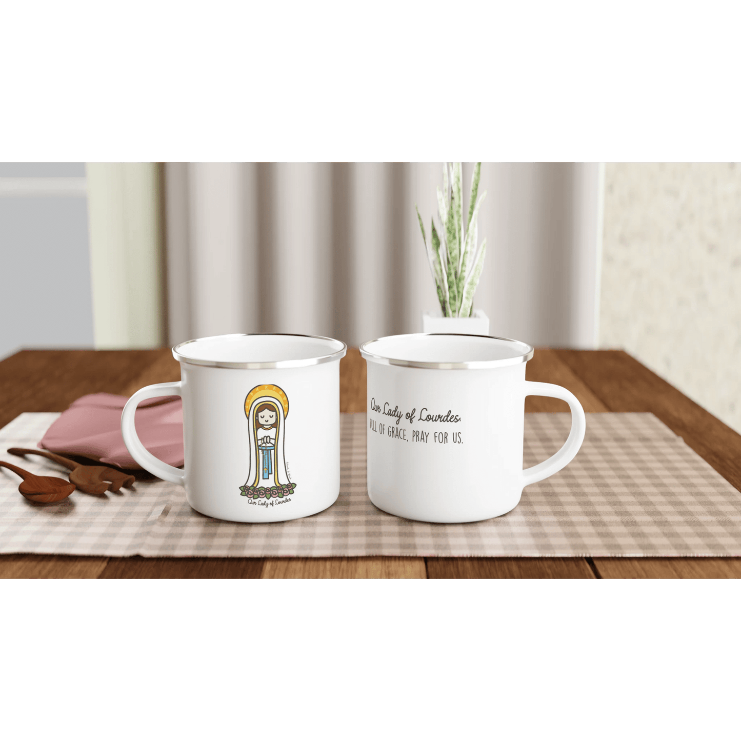 Our Lady of Lourdes Enamel Mug – Unique Art Inspired by a Little Artist | 12oz Lightweight Camp Mug - Heart & Halo