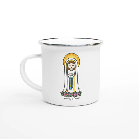 Our Lady of Lourdes Enamel Mug – Unique Art Inspired by a Little Artist | 12oz Lightweight Camp Mug - Heart & Halo