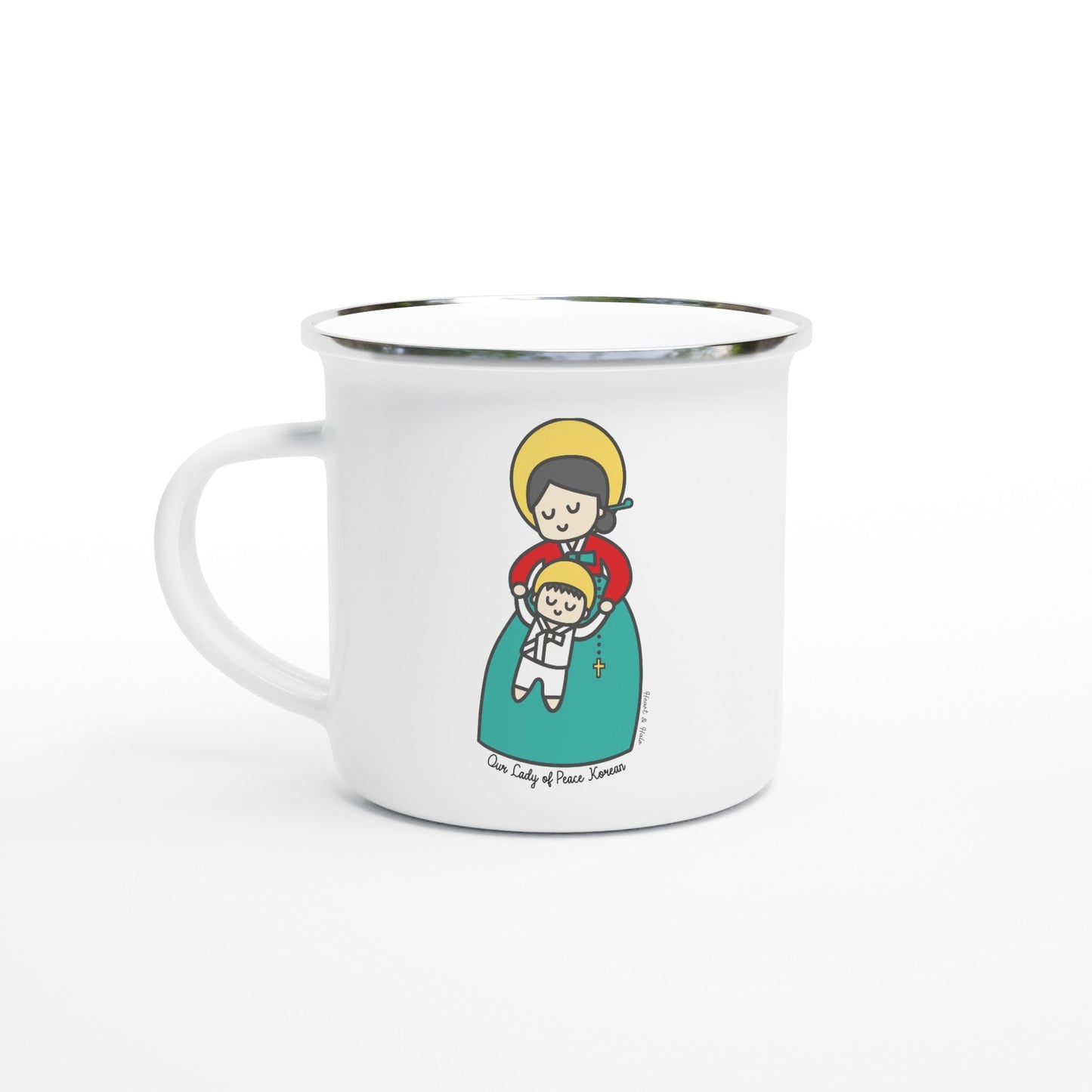 Our Lady of Peace Korea Enamel Mug – 12oz Artistic Design Inspired by Vatican Mosaic - Heart & Halo