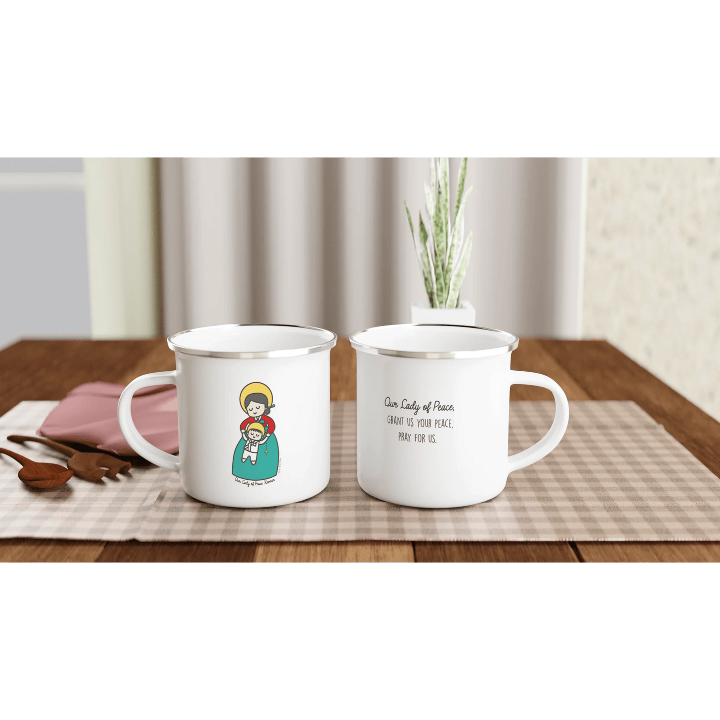 Our Lady of Peace Korea Enamel Mug – 12oz Artistic Design Inspired by Vatican Mosaic - Heart & Halo