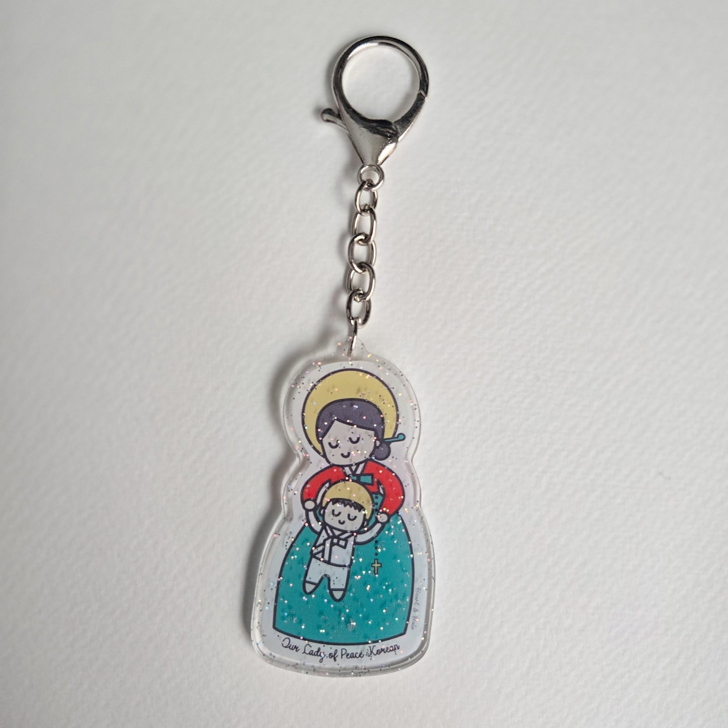 Our Lady of Peace Korean Acrylic Keychain | 2.75" Double - Sided Catholic Charm | Childlike Art - Heart & Halo