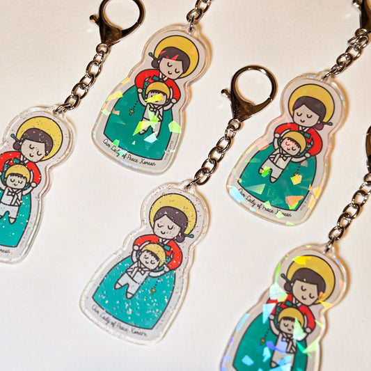 Our Lady of Peace Korean Acrylic Keychain | 2.75" Double - Sided Catholic Charm | Childlike Art - Heart & Halo