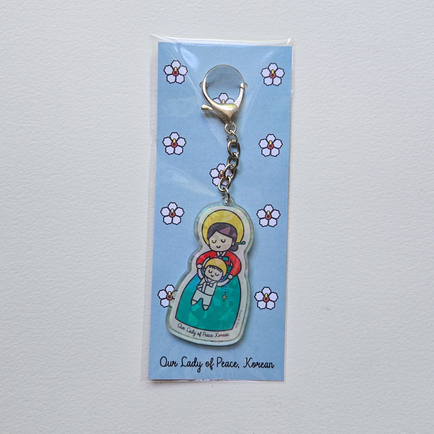 Our Lady of Peace Korean Acrylic Keychain | 2.75" Double - Sided Catholic Charm | Childlike Art - Heart & Halo