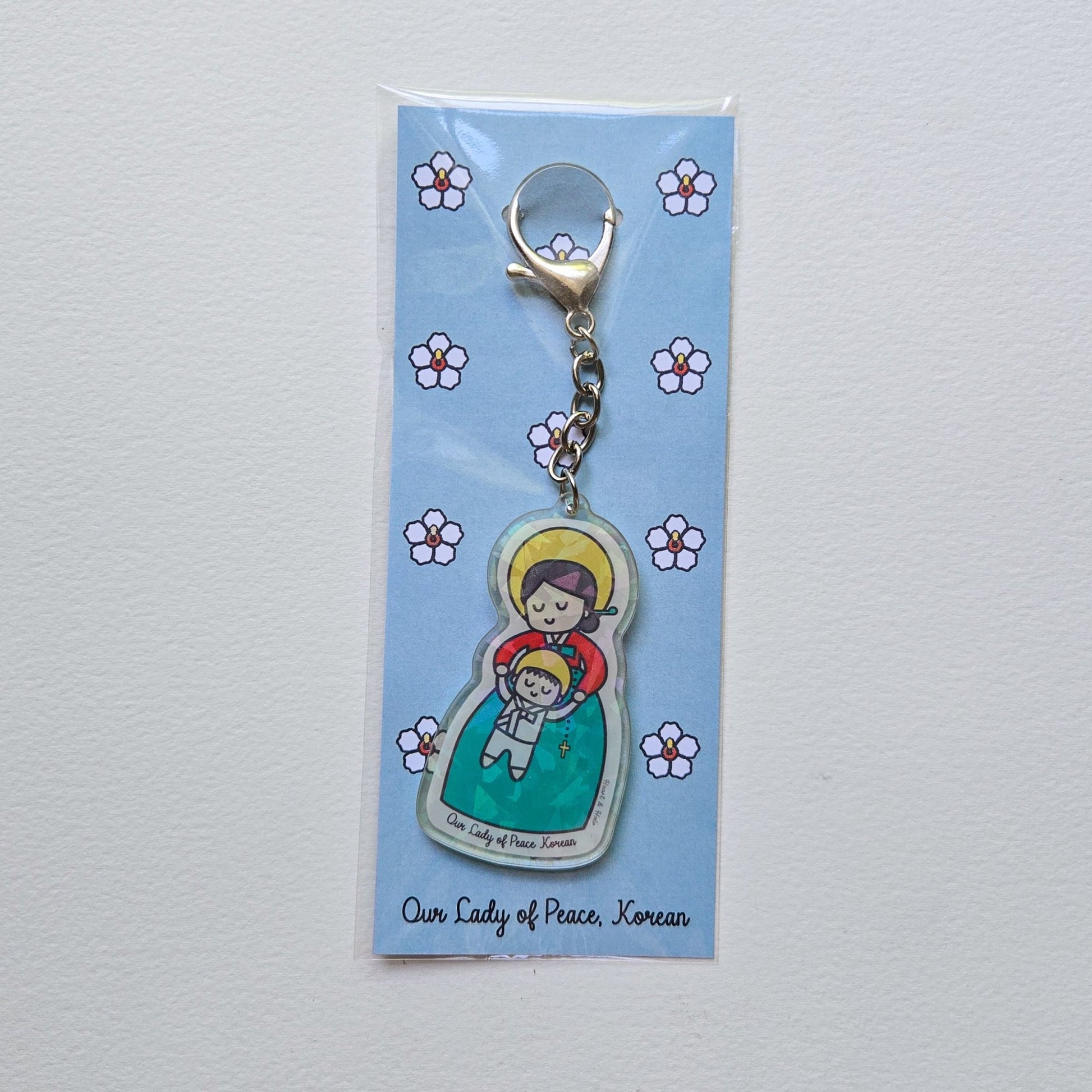 Our Lady of Peace Korean Acrylic Keychain | 2.75" Double - Sided Catholic Charm | Childlike Art - Heart & Halo
