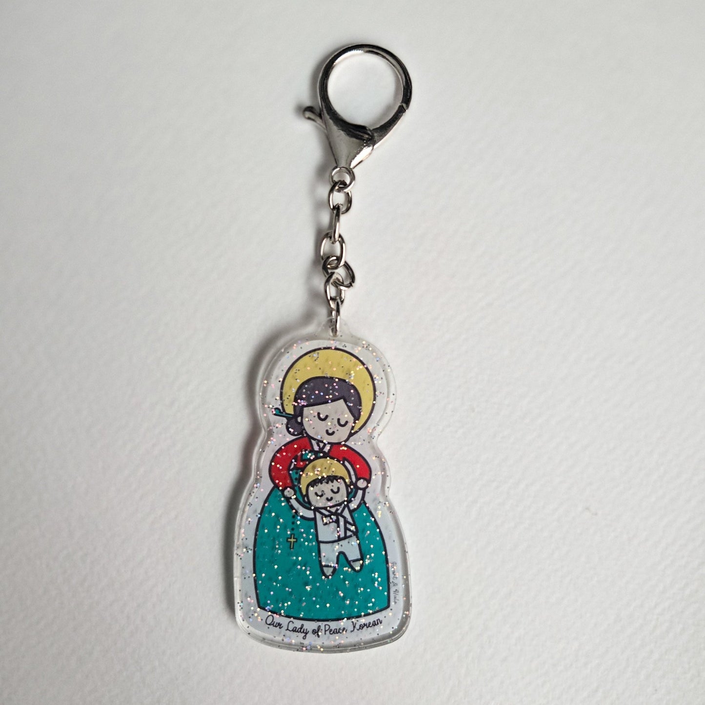 Our Lady of Peace Korean Acrylic Keychain | 2.75" Double - Sided Catholic Charm | Childlike Art - Heart & Halo
