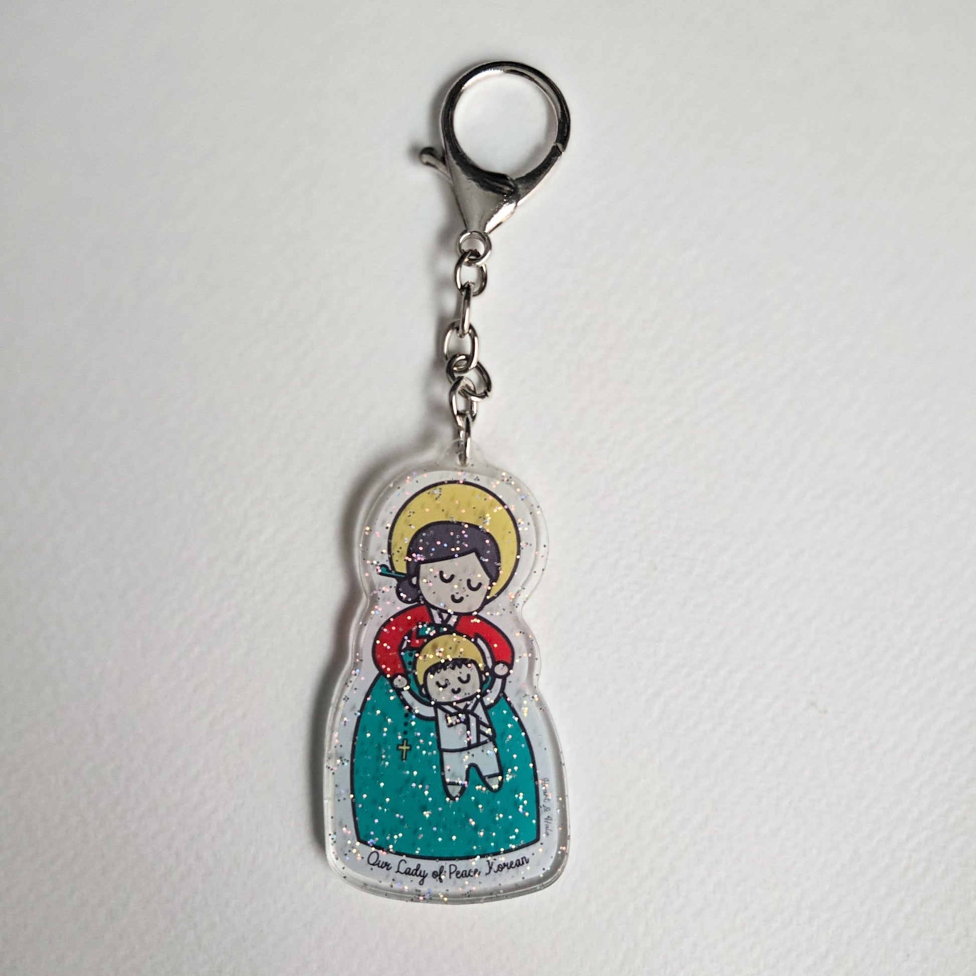 Our Lady of Peace Korean Acrylic Keychain | 2.75" Double - Sided Catholic Charm | Childlike Art - Heart & Halo