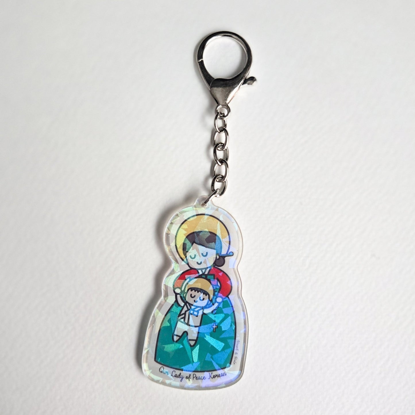 Our Lady of Peace Korean Acrylic Keychain | 2.75" Double - Sided Catholic Charm | Childlike Art - Heart & Halo