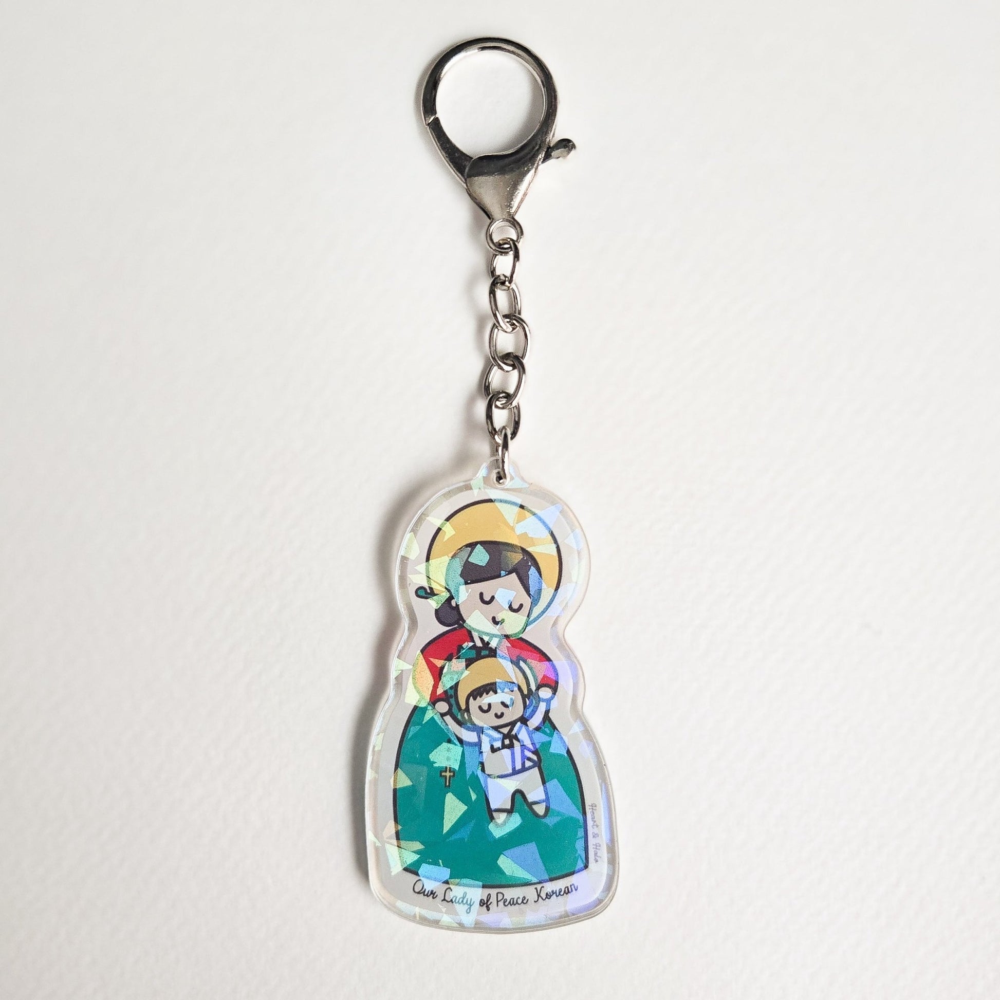 Our Lady of Peace Korean Acrylic Keychain | 2.75" Double - Sided Catholic Charm | Childlike Art - Heart & Halo