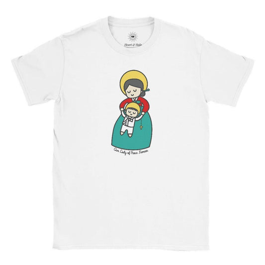 Our Lady of Peace Korean Kids T-Shirt – Catholic Art featuring Mother Mary with Baby Jesus - Heart & Halo