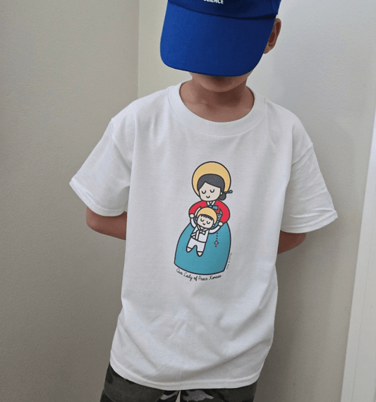 Our Lady of Peace Korean Kids T-Shirt – Catholic Art featuring Mother Mary with Baby Jesus - Heart & Halo