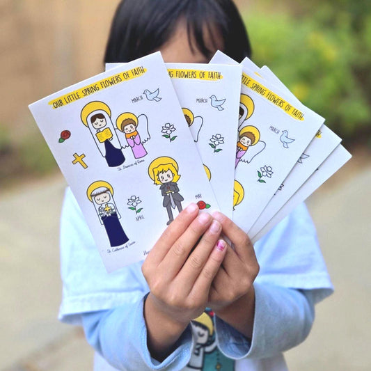 Our Little Spring Flowers of Faith 4" x 6" Sticker sheet, St Joan of Arc, St Catherine of Siena, St Frances of Rome, Catholic Saints - Heart & Halo