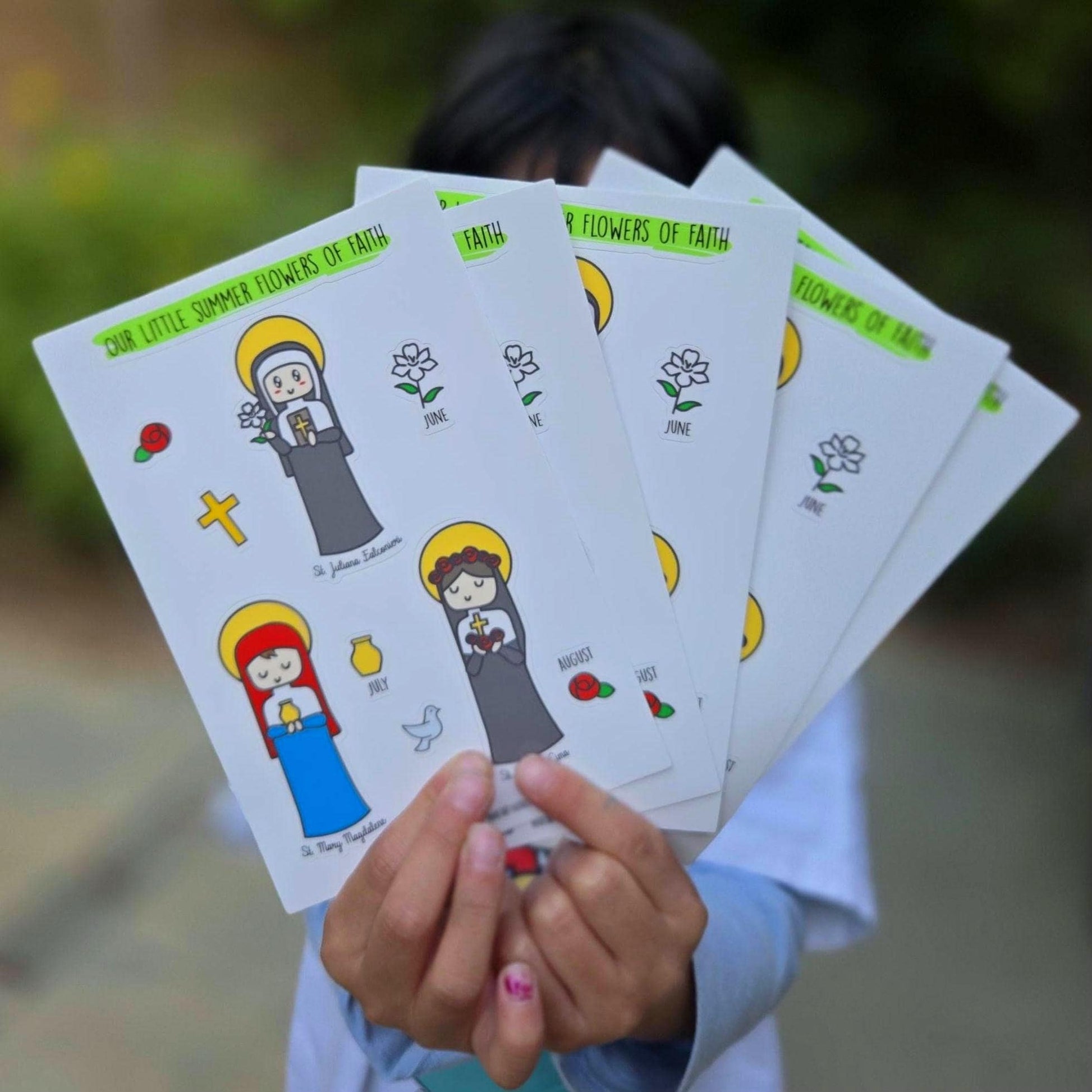 Our Little Summer Flowers of Faith 4" x 6" Sticker sheet - St. Juliana Falconieri, St. Mary Magdalene and St. Rosa of Lima. - Heart & Halo