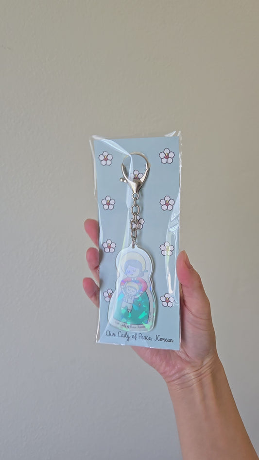 Our Lady of Peace Korean Acrylic Keychain | 2.75" Double-Sided Catholic Charm | Childlike Art