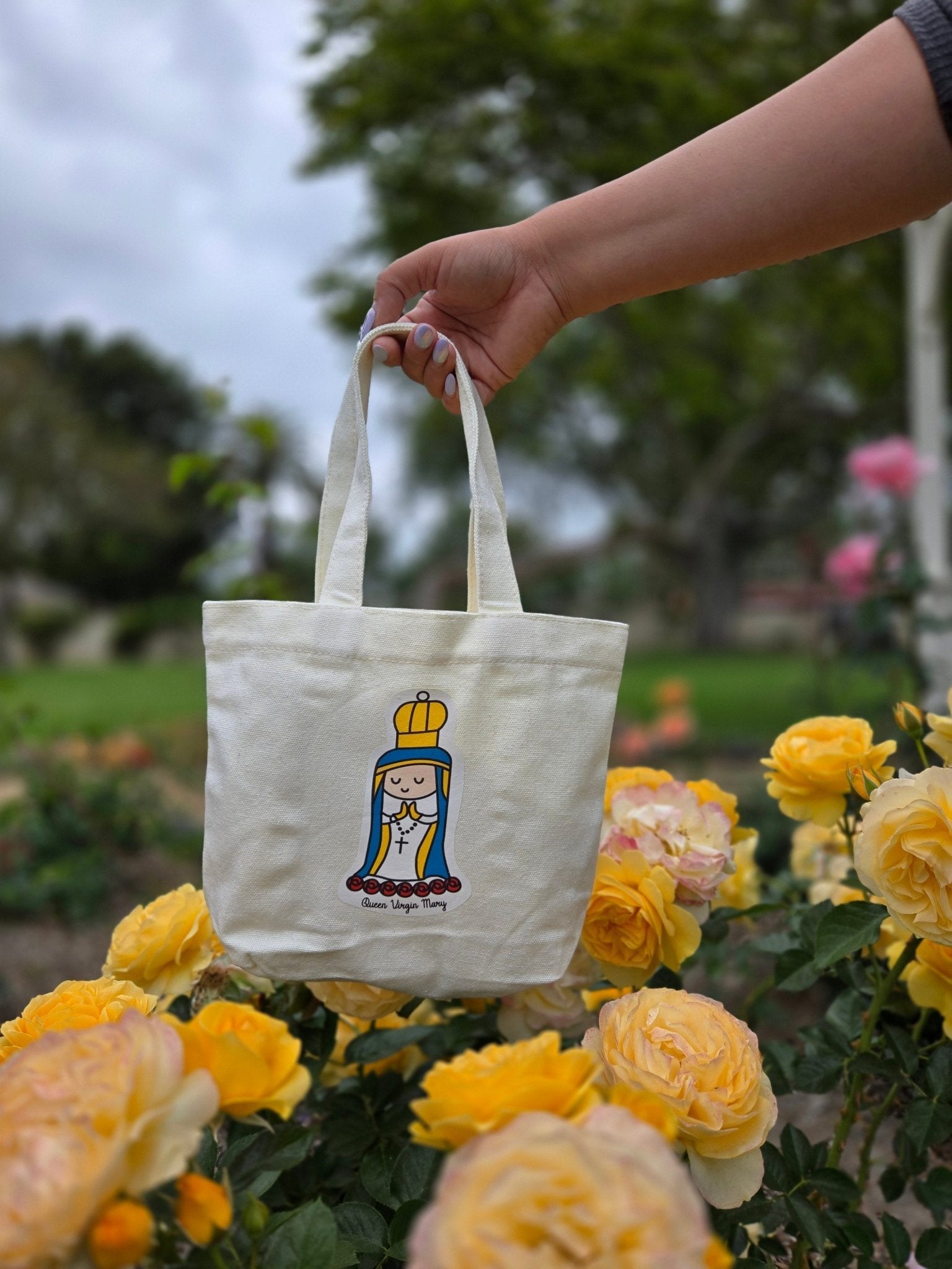 Queen Virgin Mary Cute Mini Tote Bag - Heart & Halo