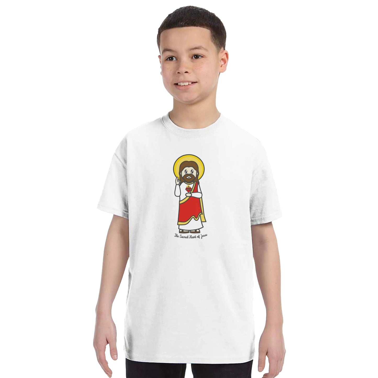 Sacred Heart of Jesus Youth Cotton Crewneck T-Shirt – 20% Donation - Heart & Halo