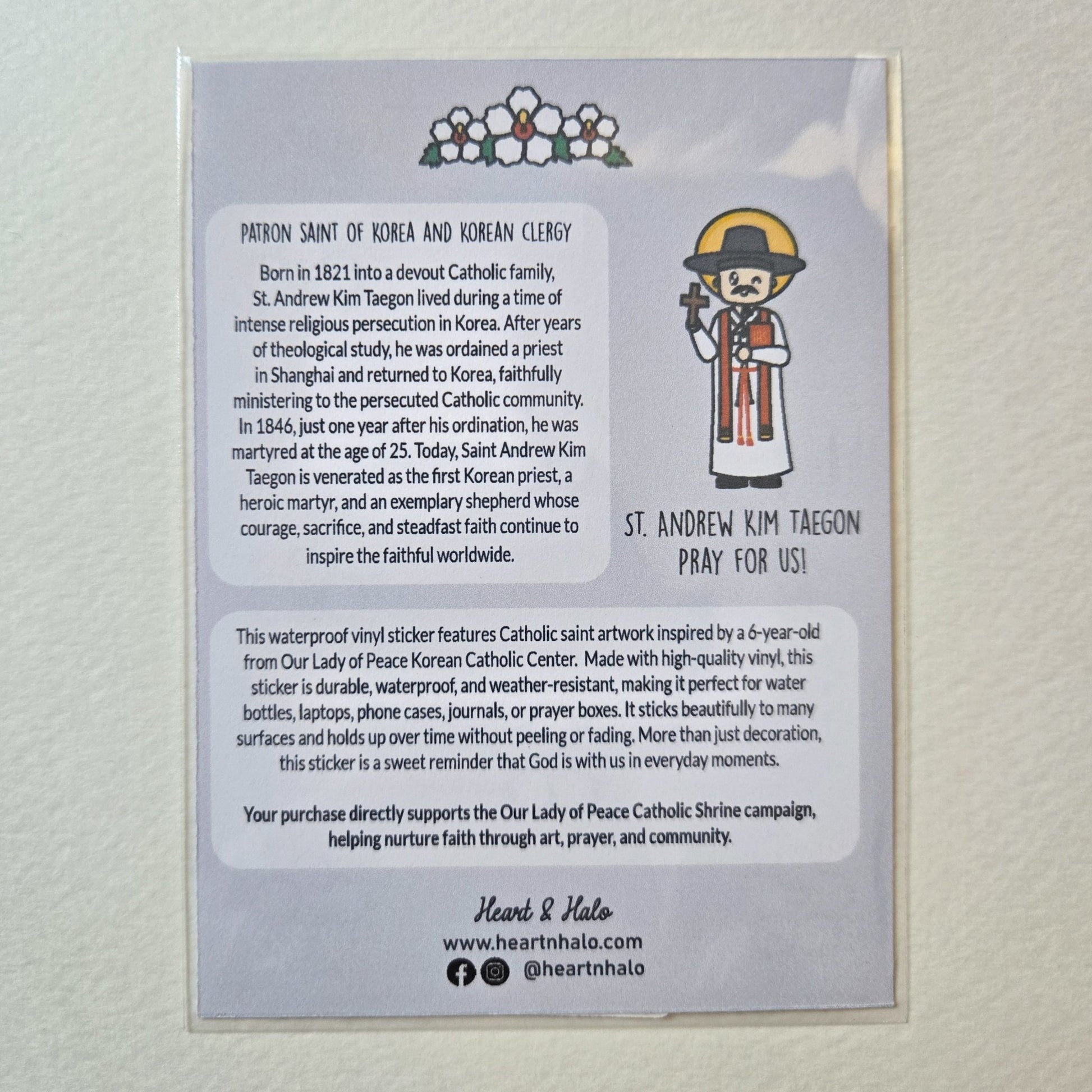 Saint Andrew Kim Taegon 3.75" Waterproof Sticker - Heart & Halo