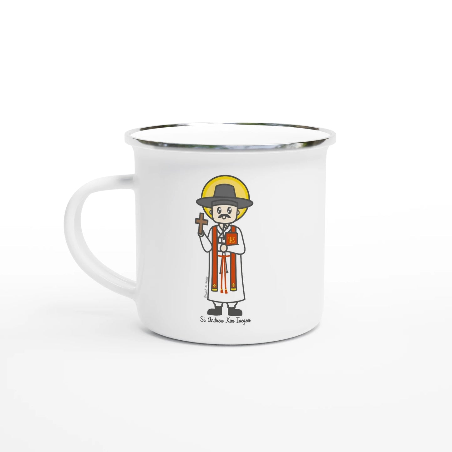 Saint Andrew Kim Taegon Enamel 12oz Mug – Lightweight, Camp - Friendly - Heart & Halo