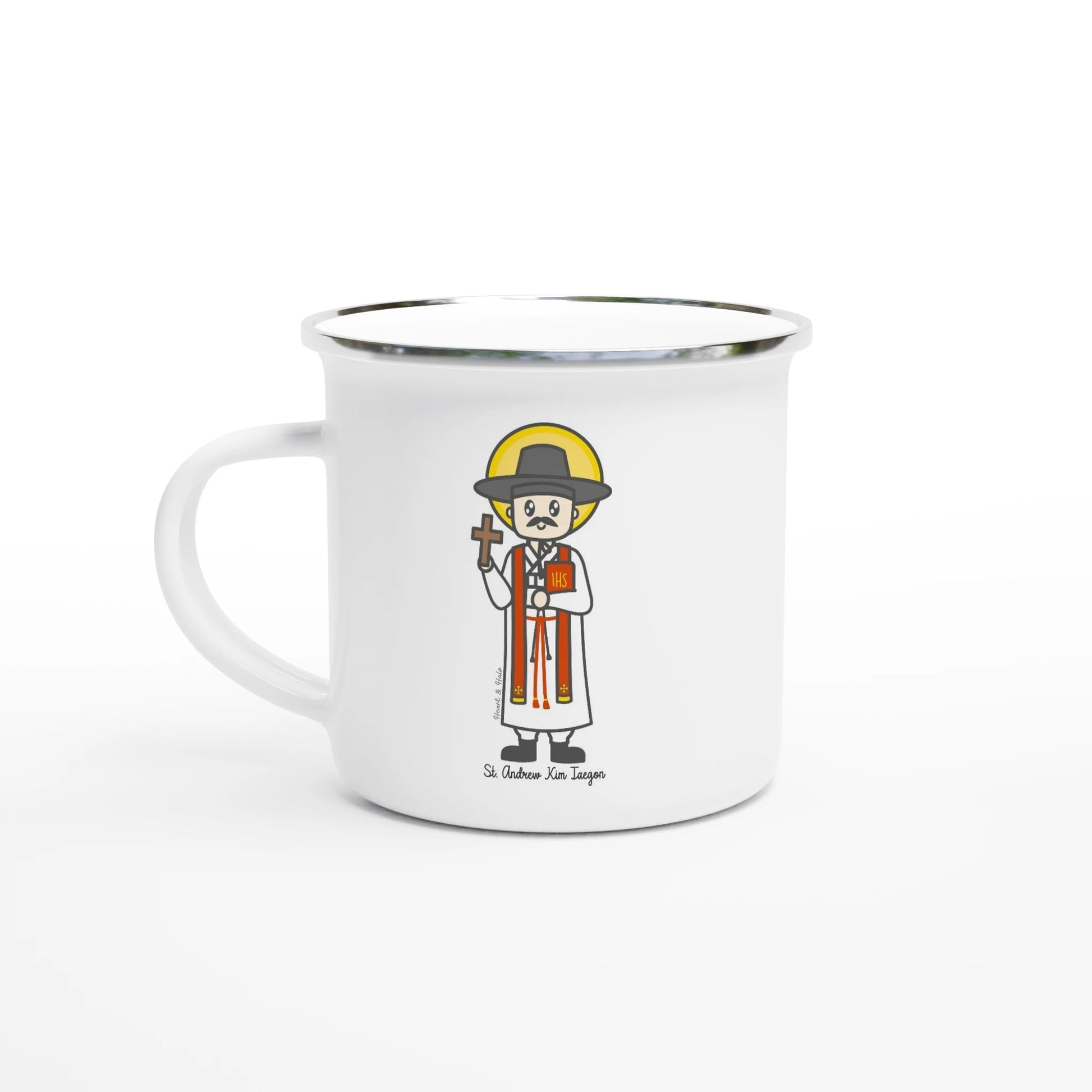 Saint Andrew Kim Taegon Enamel 12oz Mug – Lightweight, Camp - Friendly - Heart & Halo