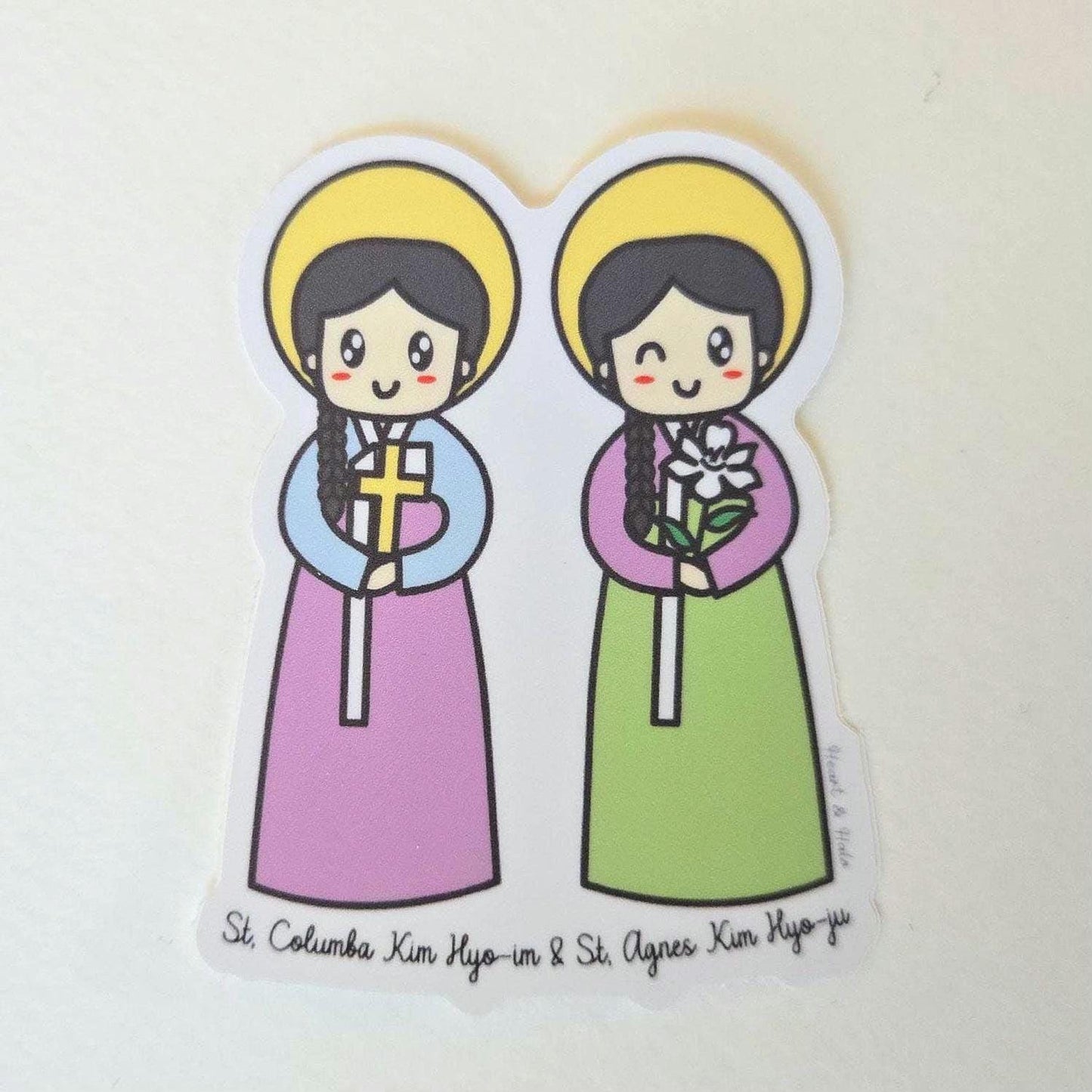 Saint Columba Kim Hyo - im & Saint Agnes Kim Hyo - ju 3" Sticker - Heart & Halo