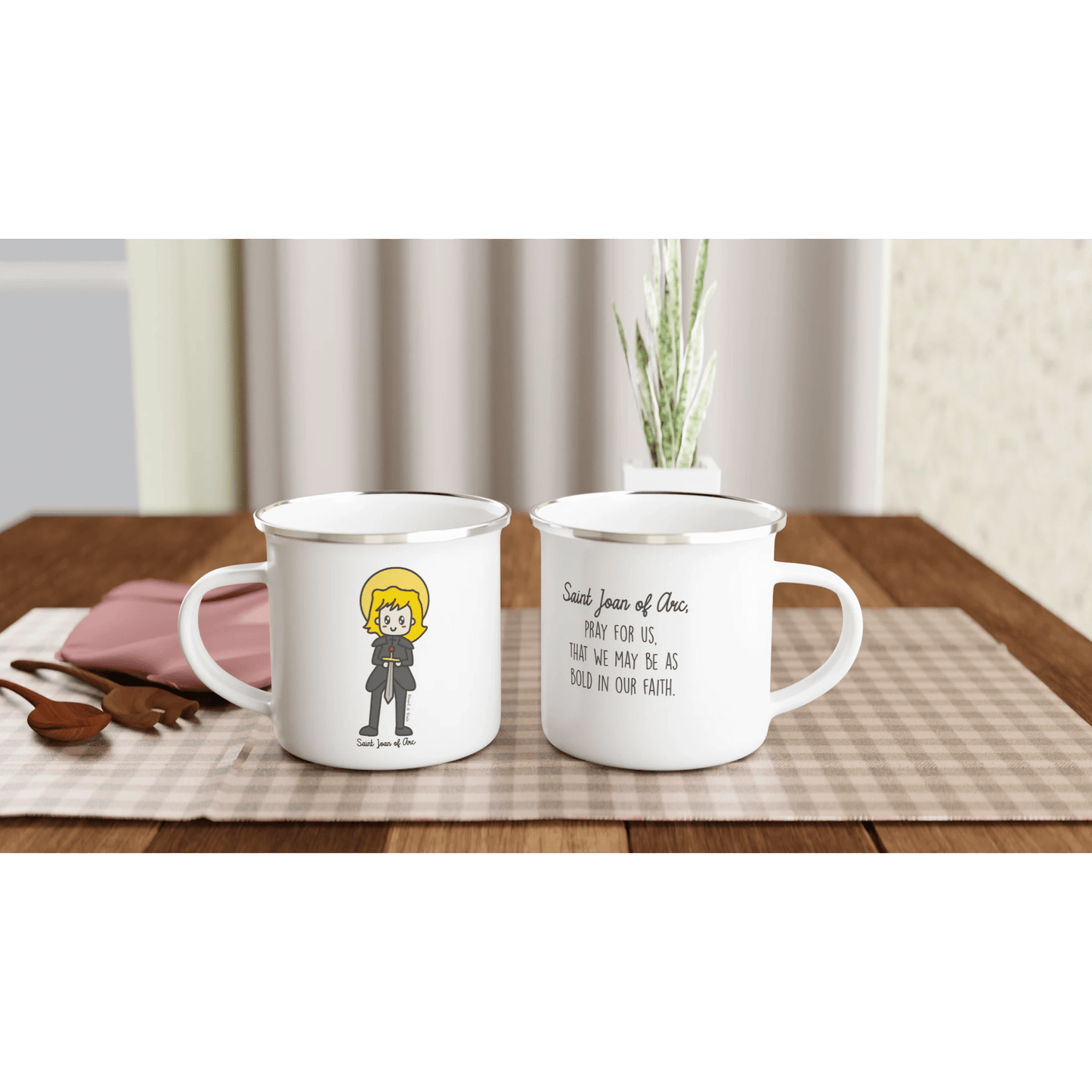 Saint Joan of Arc Enamel Mug – Lightweight, Stylish Art Design for Camping and Daily Use - Heart & Halo