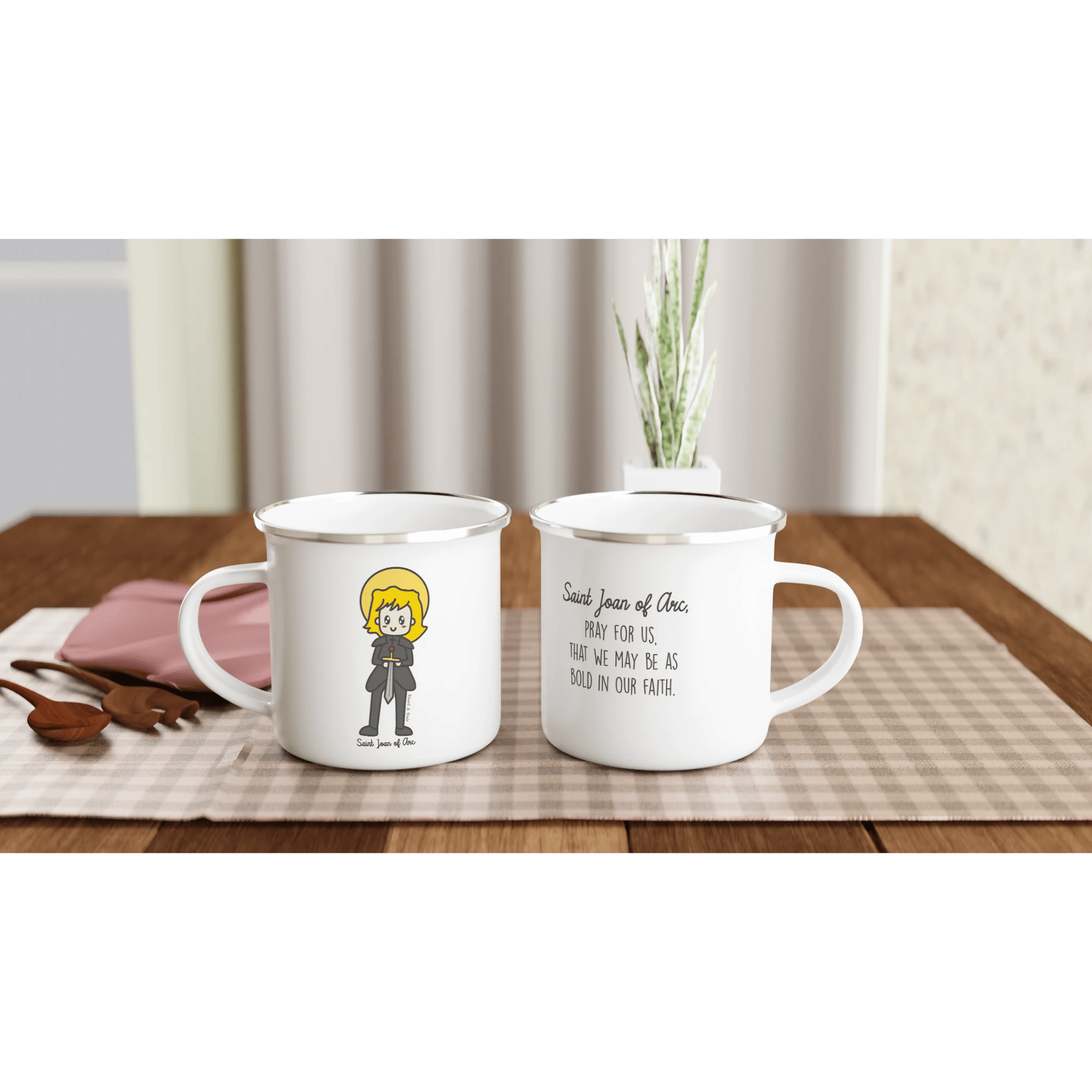 Saint Joan of Arc Enamel Mug – Lightweight, Stylish Art Design for Camping and Daily Use - Heart & Halo