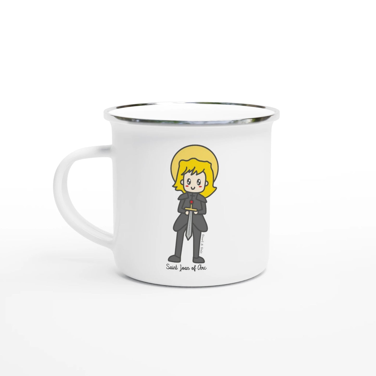 Saint Joan of Arc Enamel Mug – Lightweight, Stylish Art Design for Camping and Daily Use - Heart & Halo