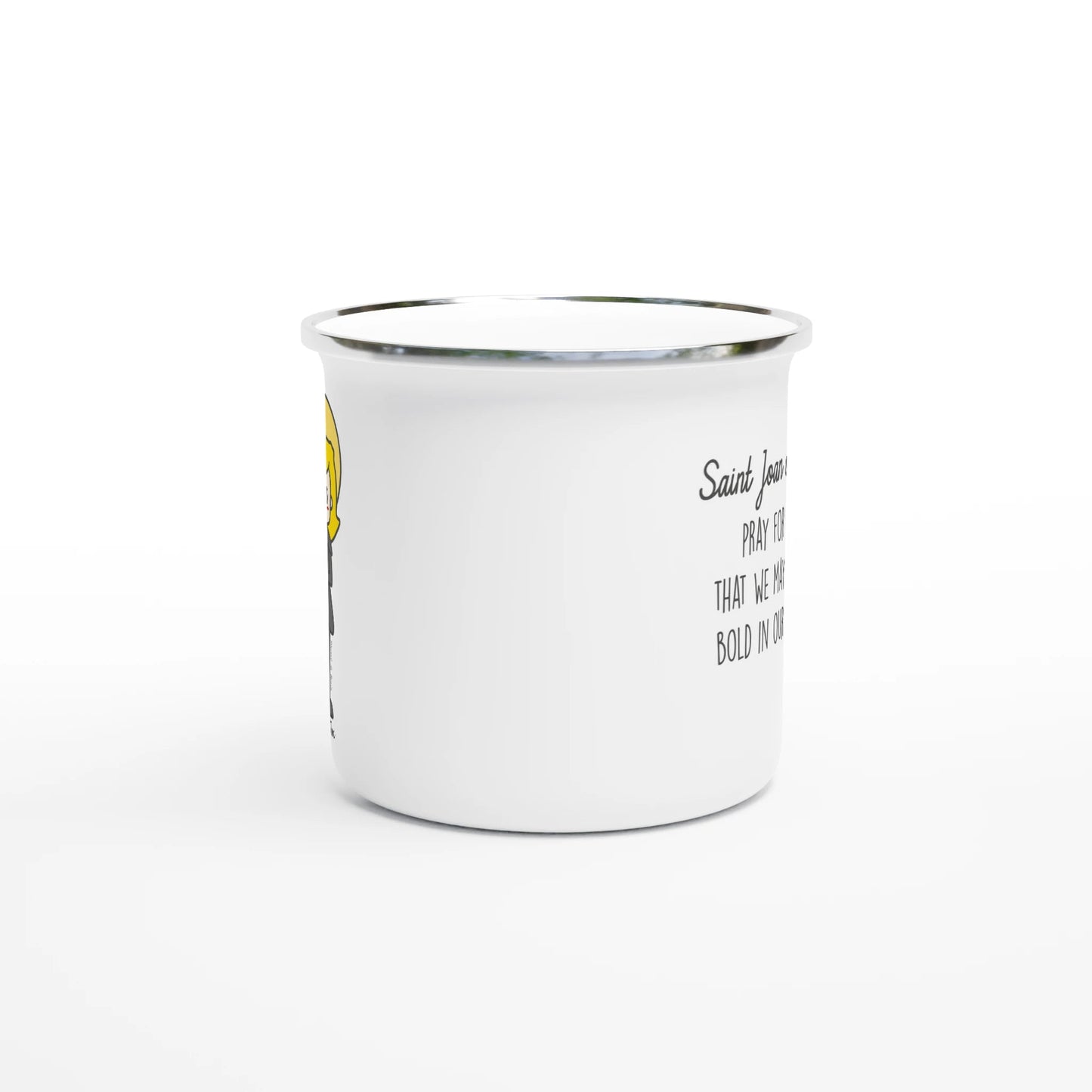 Saint Joan of Arc Enamel Mug – Lightweight, Stylish Art Design for Camping and Daily Use - Heart & Halo