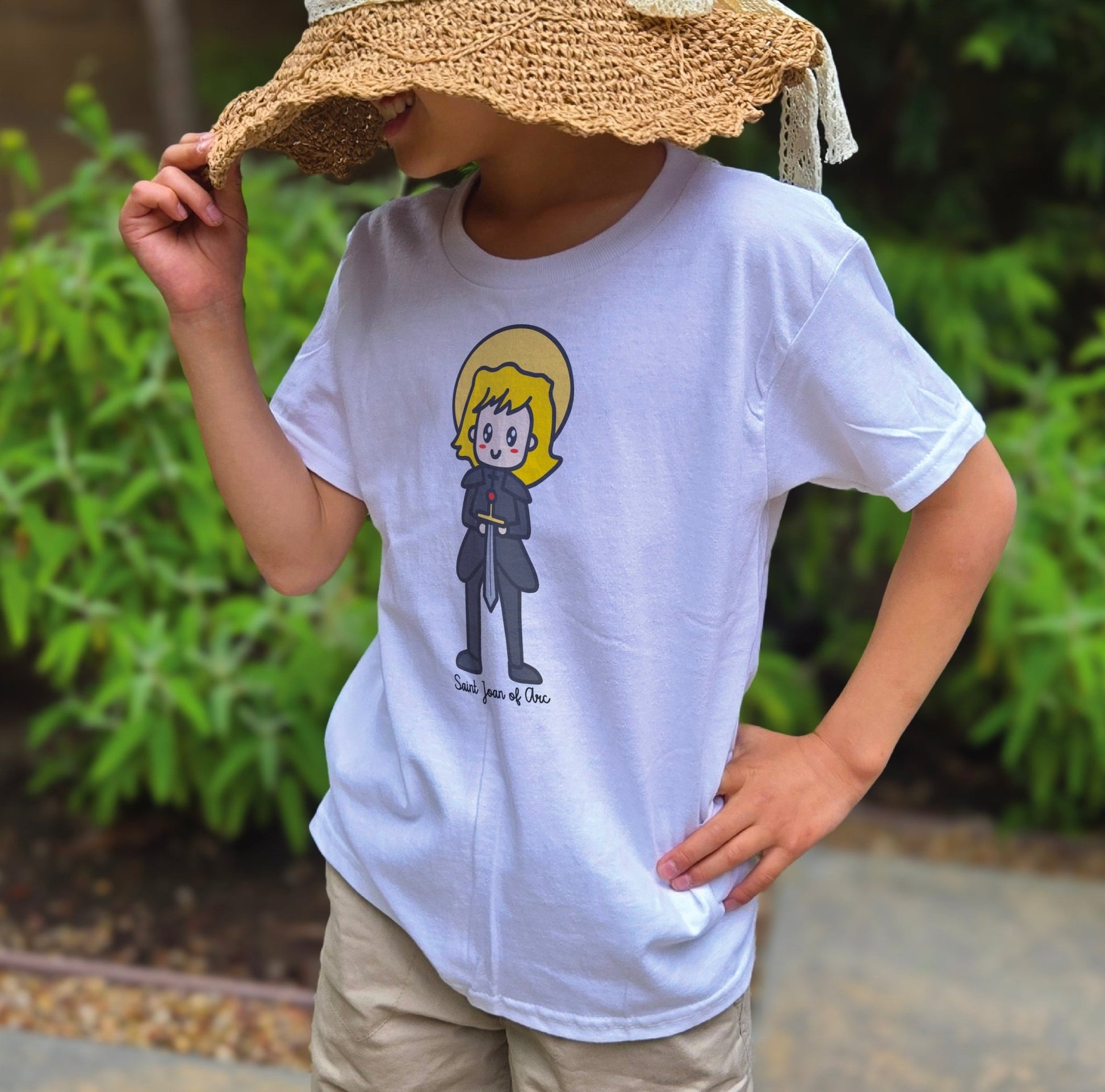 Saint Joan of Arc Youth Cotton Crewneck T-Shirt – 20% Donation, Art by Little Artist - Heart & Halo