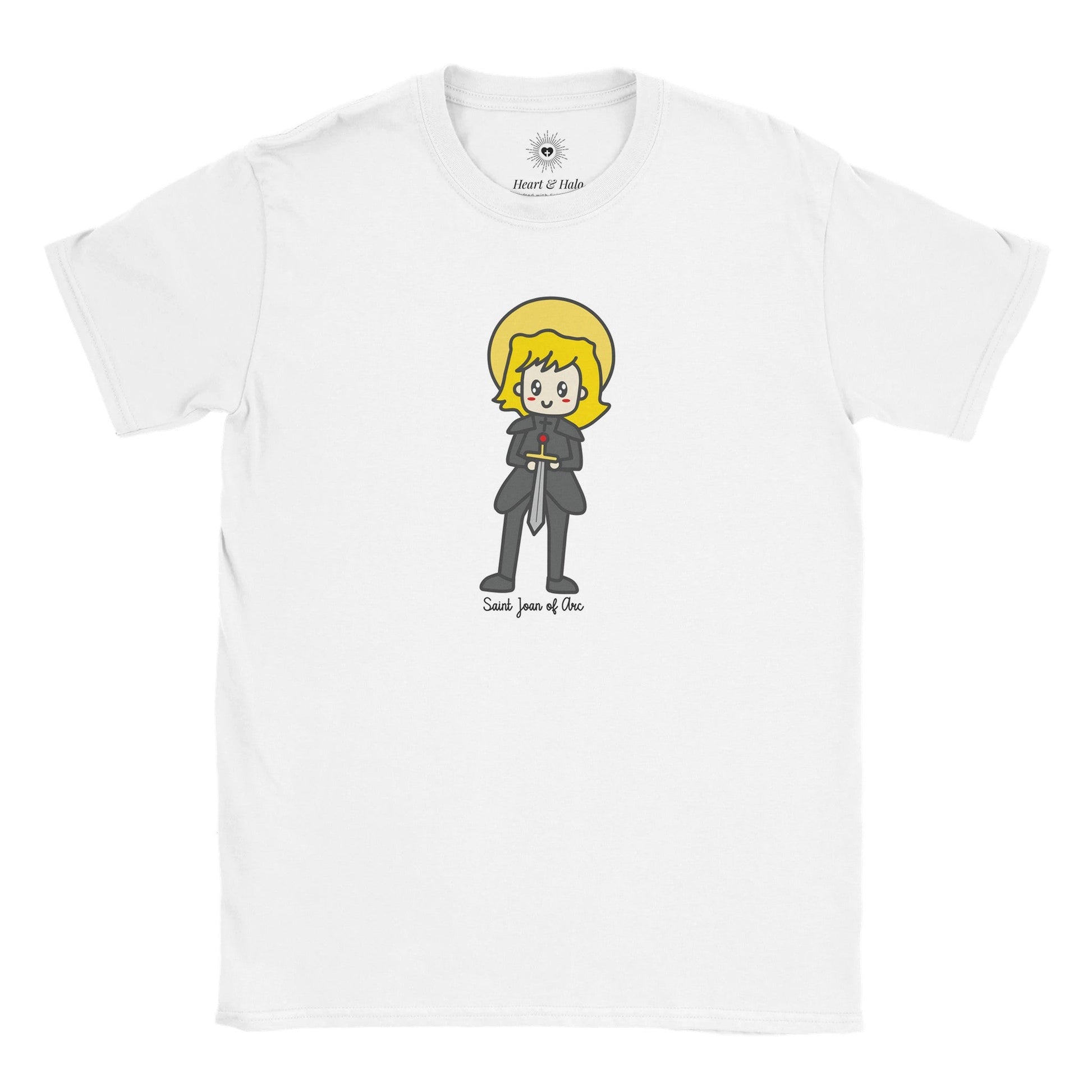 Saint Joan of Arc Youth Cotton Crewneck T-Shirt – 20% Donation, Art by Little Artist - Heart & Halo