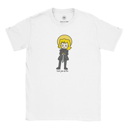 Saint Joan of Arc Youth Cotton Crewneck T-Shirt – 20% Donation, Art by Little Artist - Heart & Halo