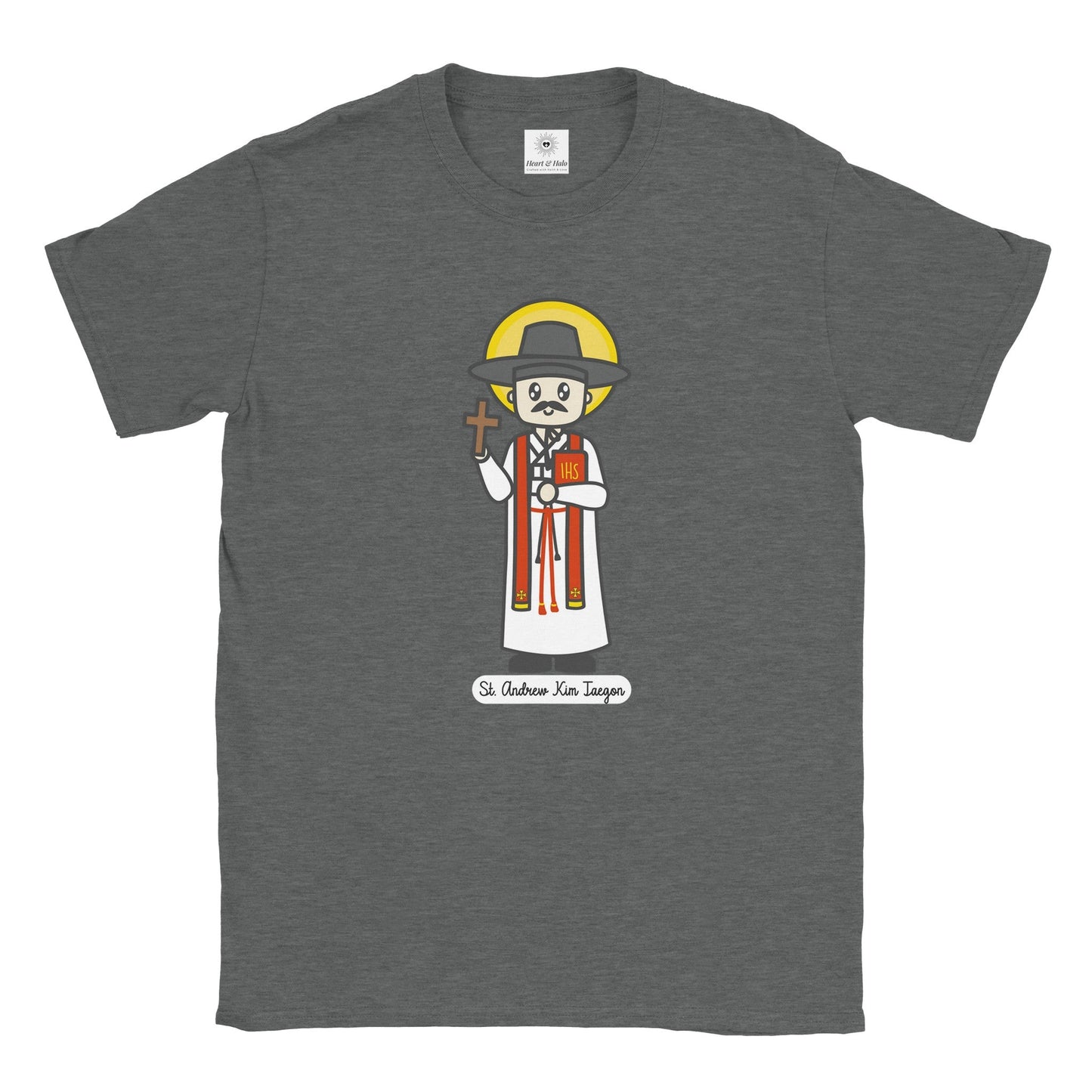 St. Andrew Kim Taegon Adult T-Shirt – Artistic Design Inspired by a Young Artist - Heart & Halo