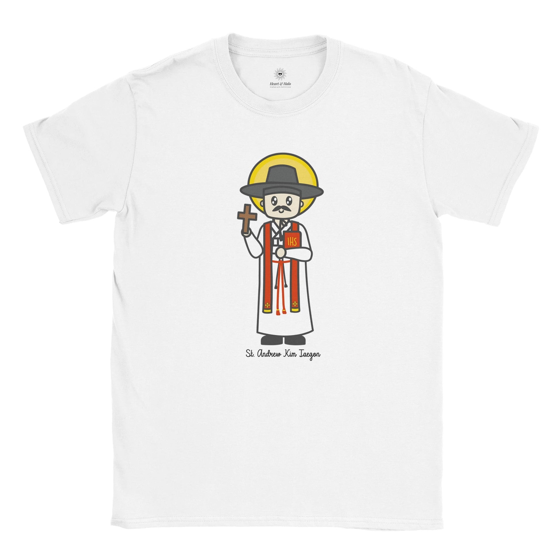 St. Andrew Kim Taegon Adult T-Shirt – Artistic Design Inspired by a Young Artist - Heart & Halo